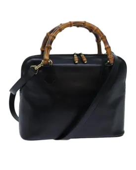 Black Leather 2-Way Hand Bag with Bamboo Detailing