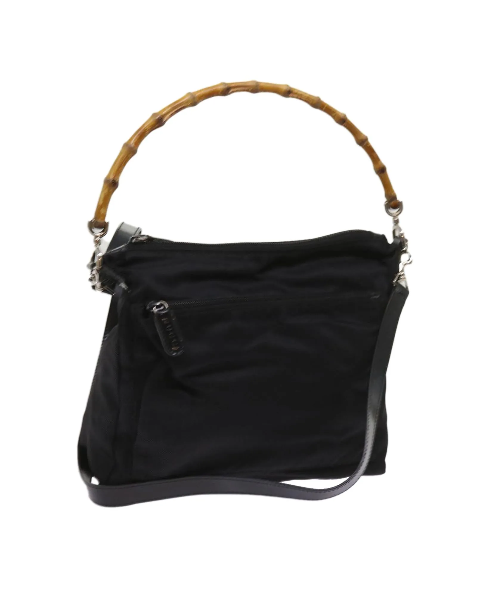 Black Nylon Bamboo Hand Bag with Shoulder Strap - Italy Made