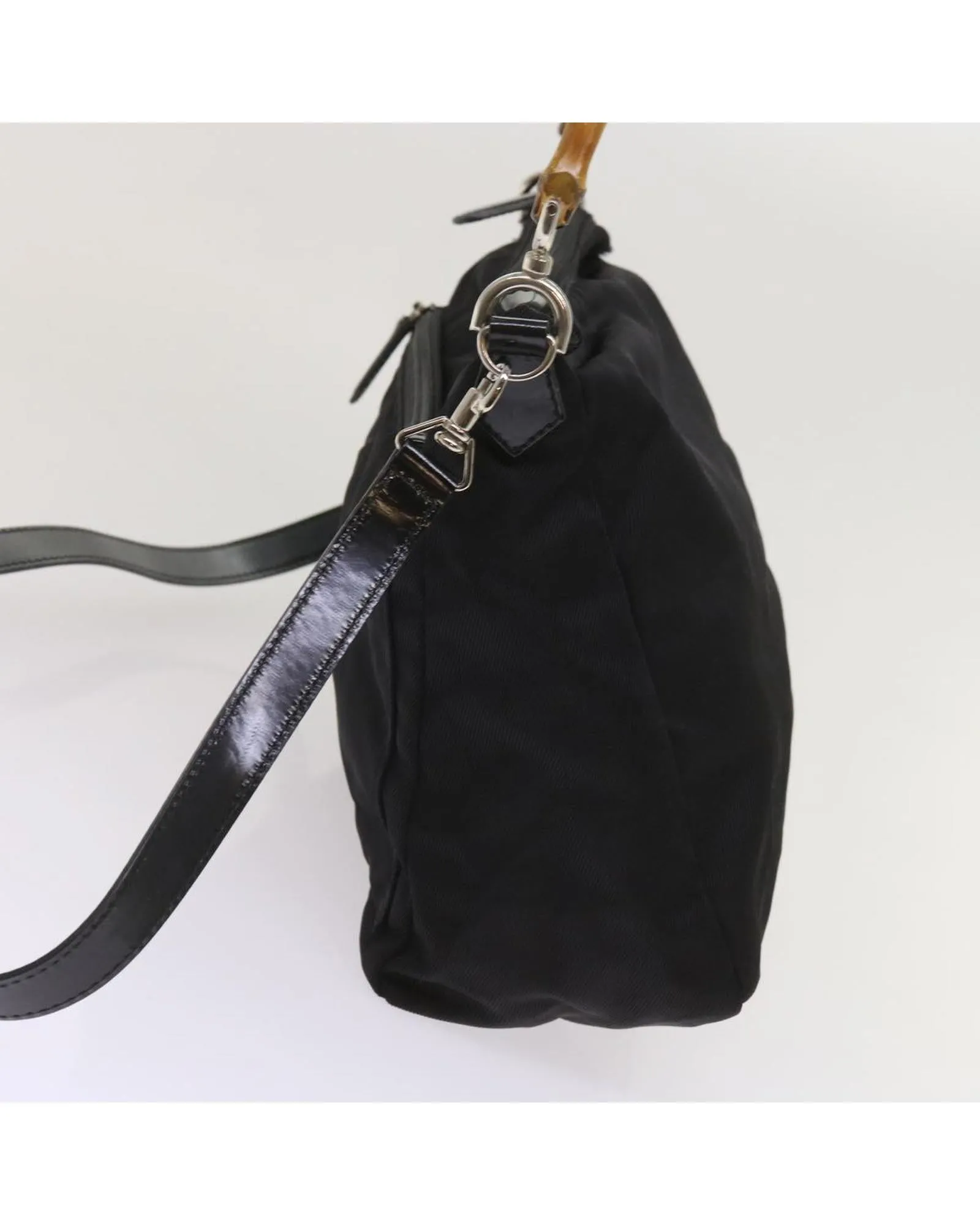 Black Nylon Bamboo Hand Bag with Shoulder Strap - Italy Made