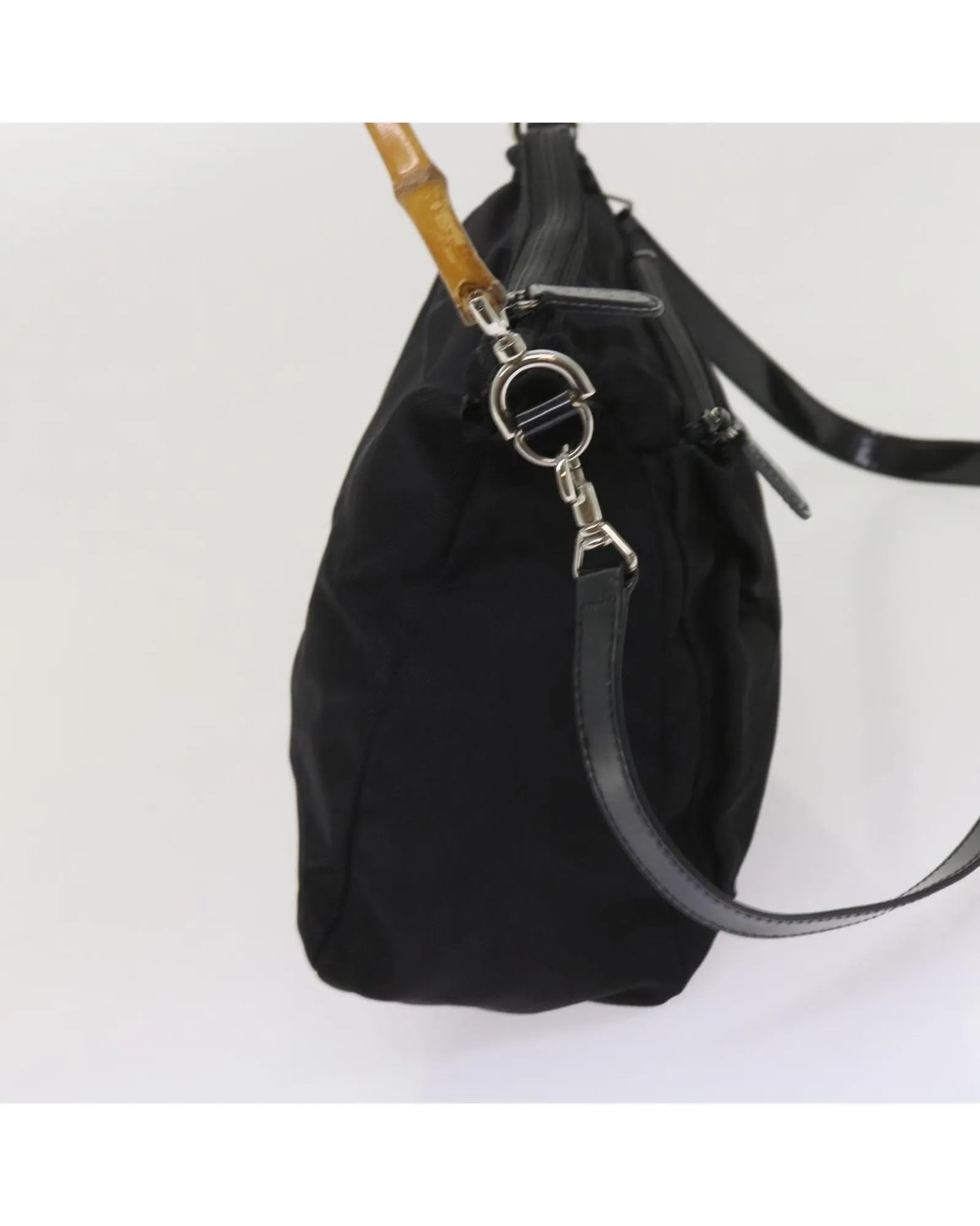 Black Nylon Bamboo Hand Bag with Shoulder Strap - Italy Made