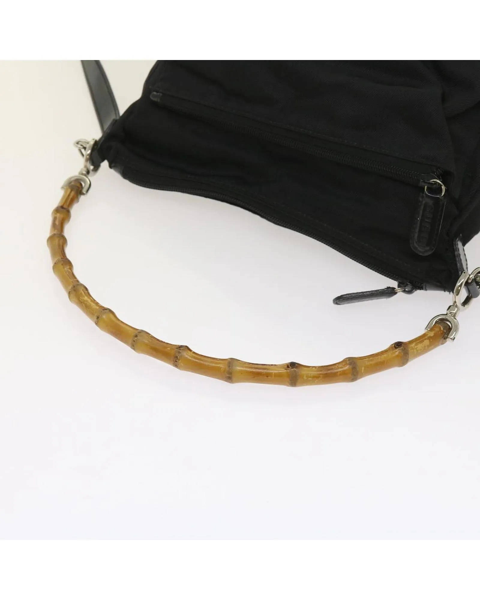 Black Nylon Bamboo Hand Bag with Shoulder Strap - Italy Made