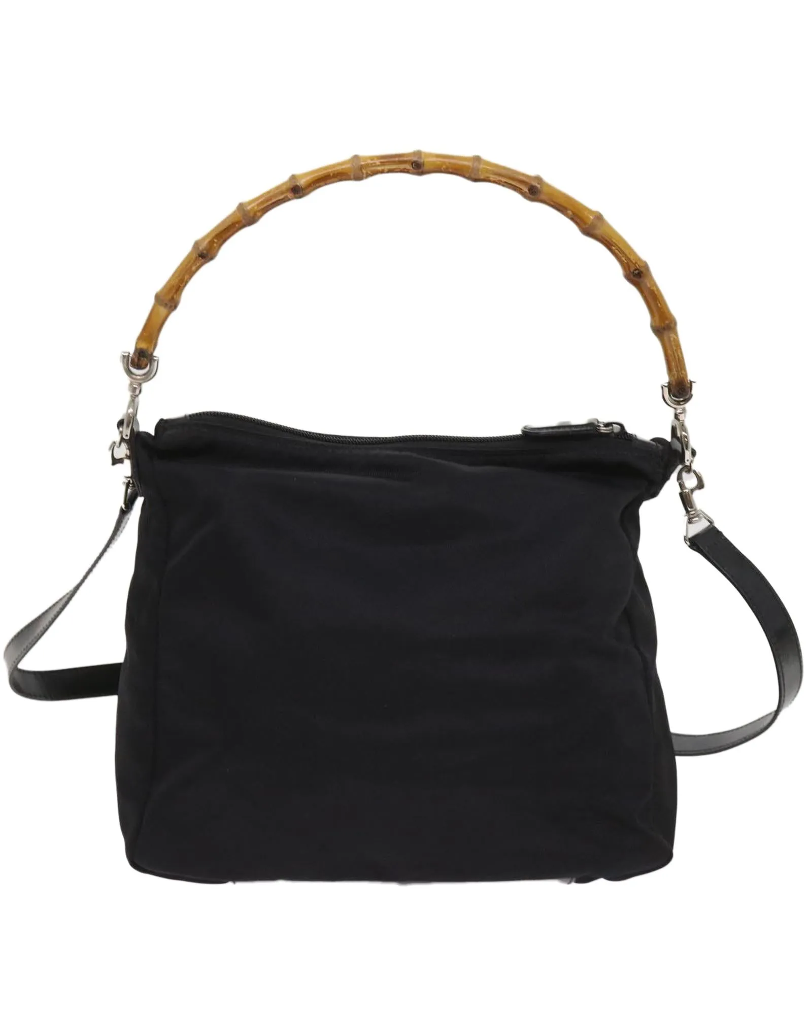 Black Nylon Bamboo Hand Bag with Shoulder Strap - Italy Made
