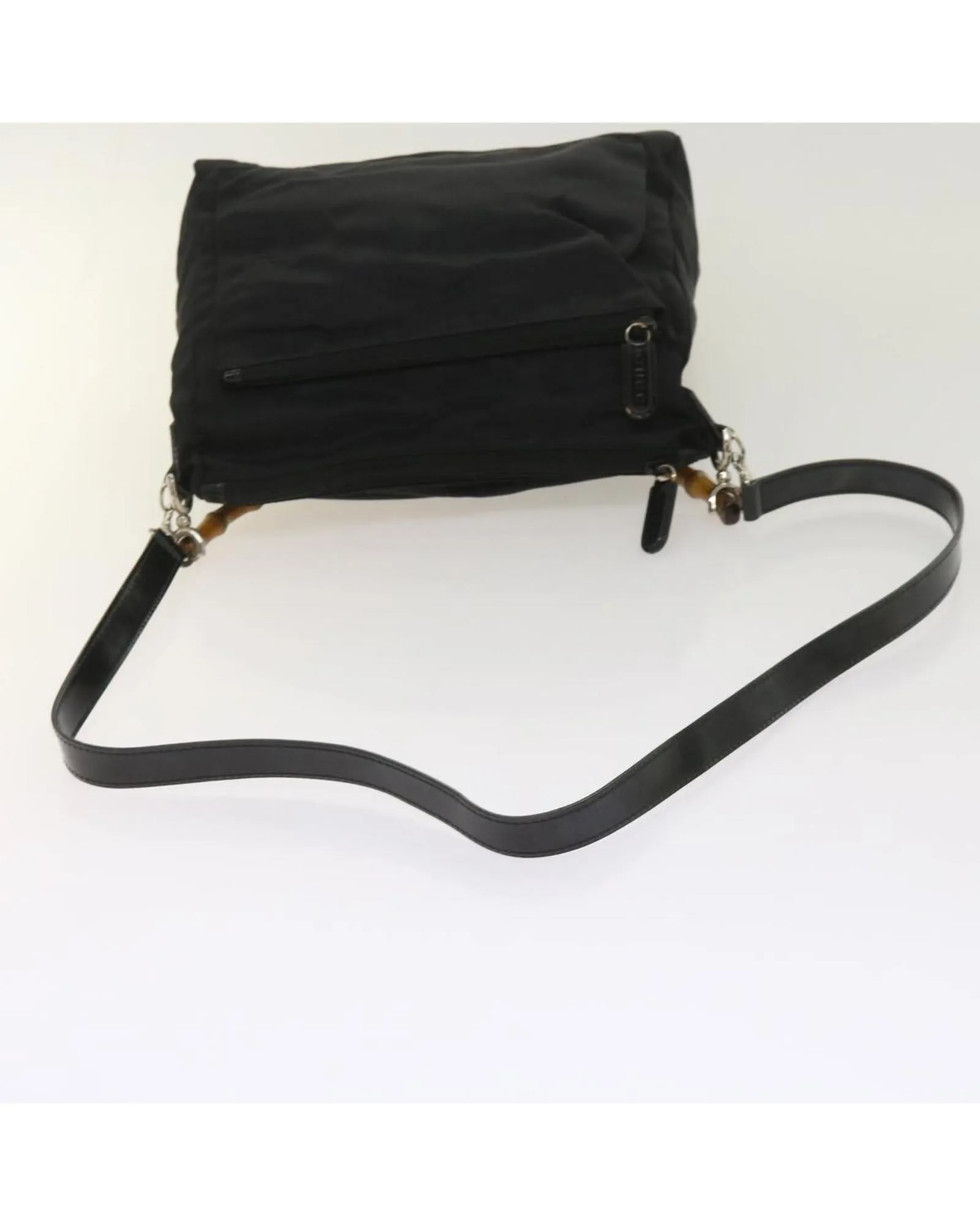 Black Nylon Bamboo Hand Bag with Shoulder Strap - Italy Made