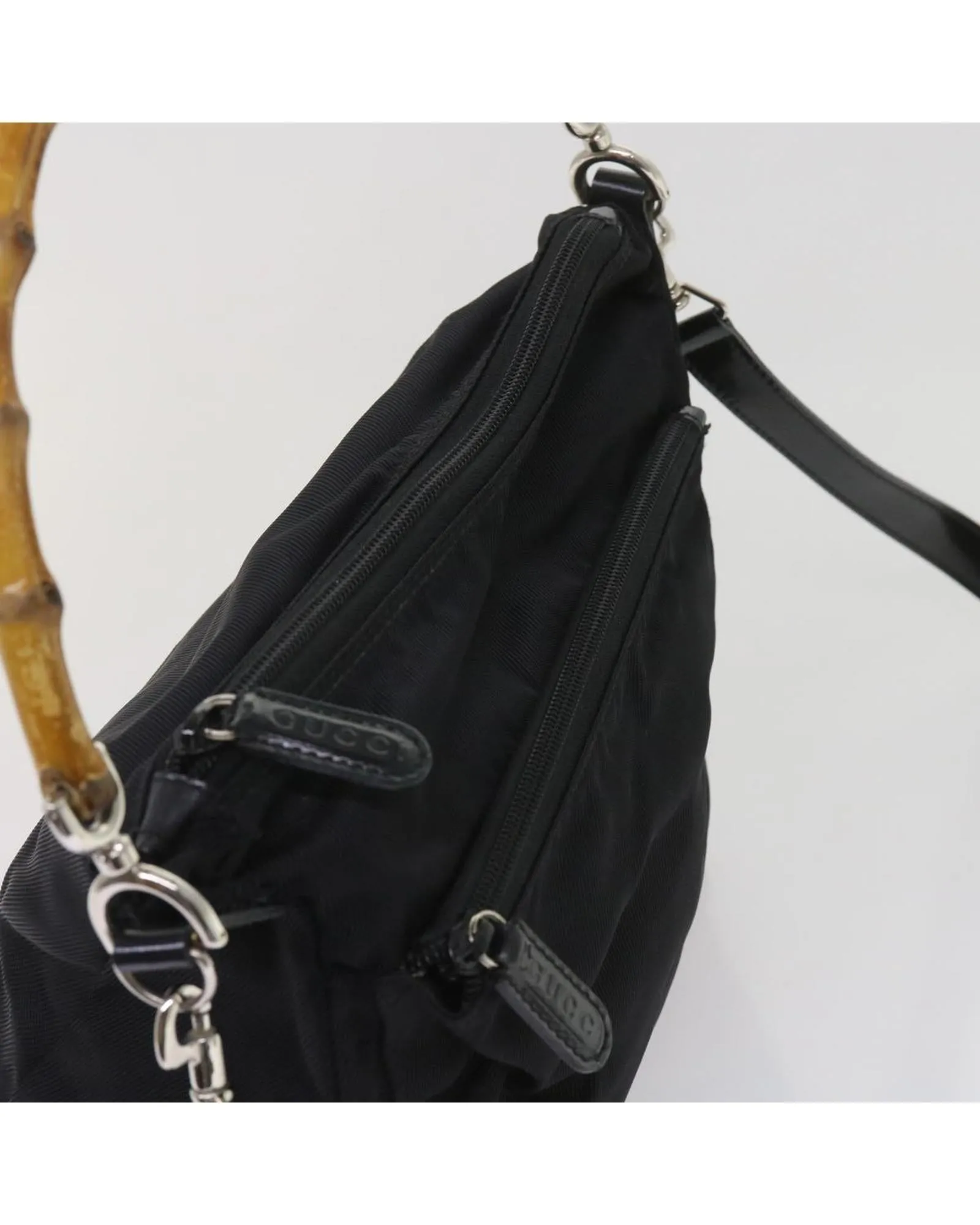 Black Nylon Bamboo Hand Bag with Shoulder Strap - Italy Made