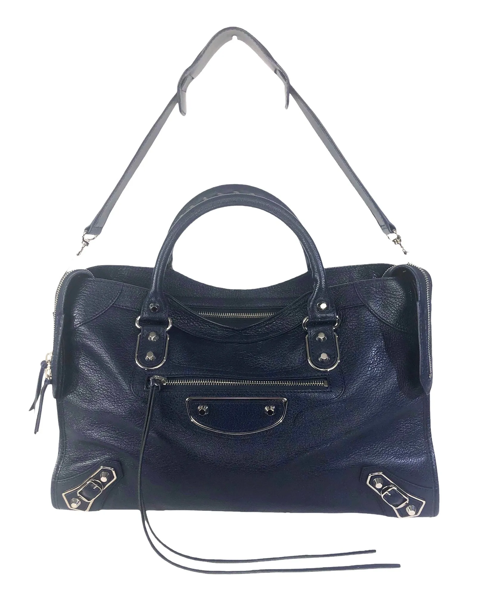 Bleu Obscur Chevre Silver Metallic Edge Hardware City Handbag