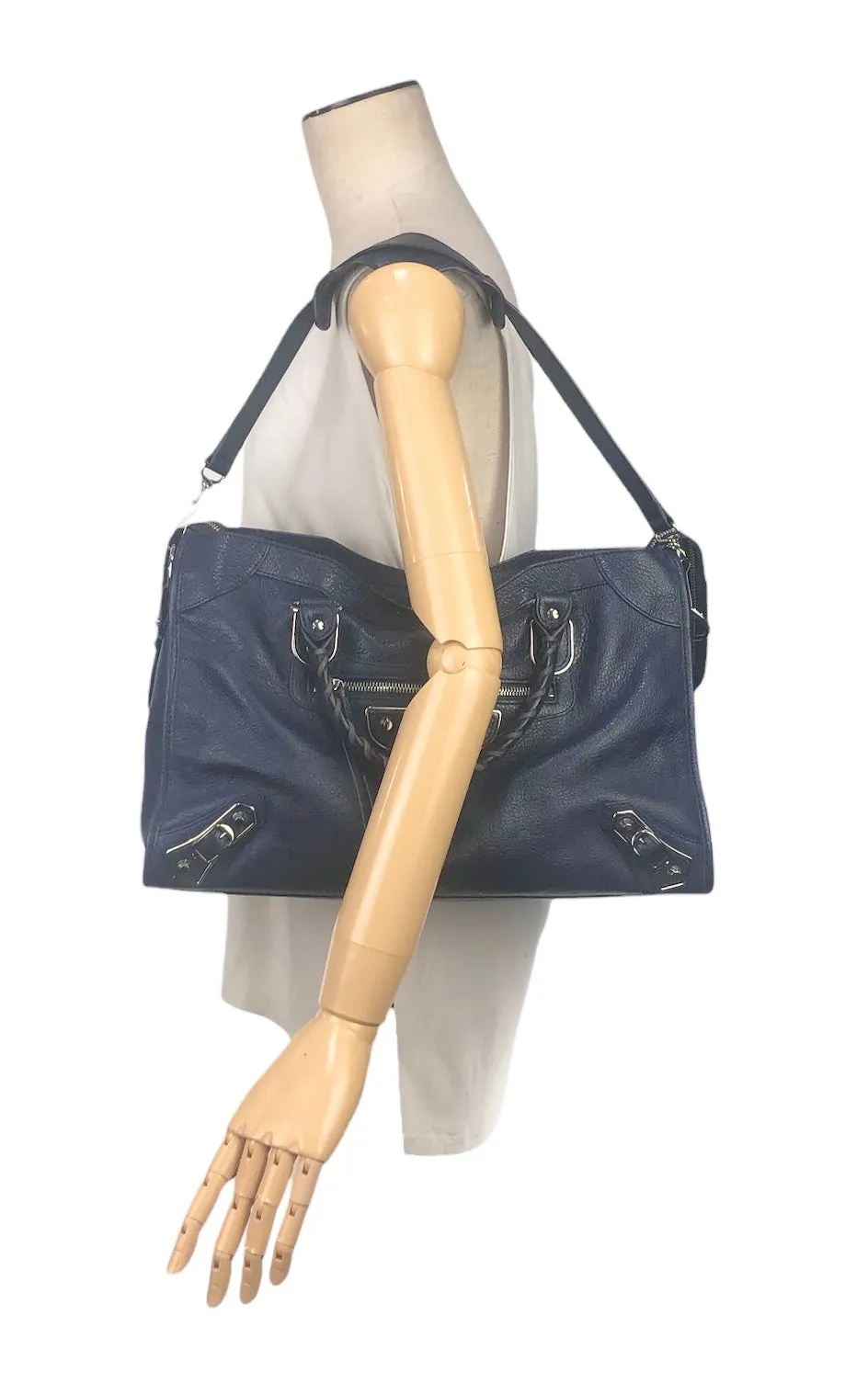Bleu Obscur Chevre Silver Metallic Edge Hardware City Handbag