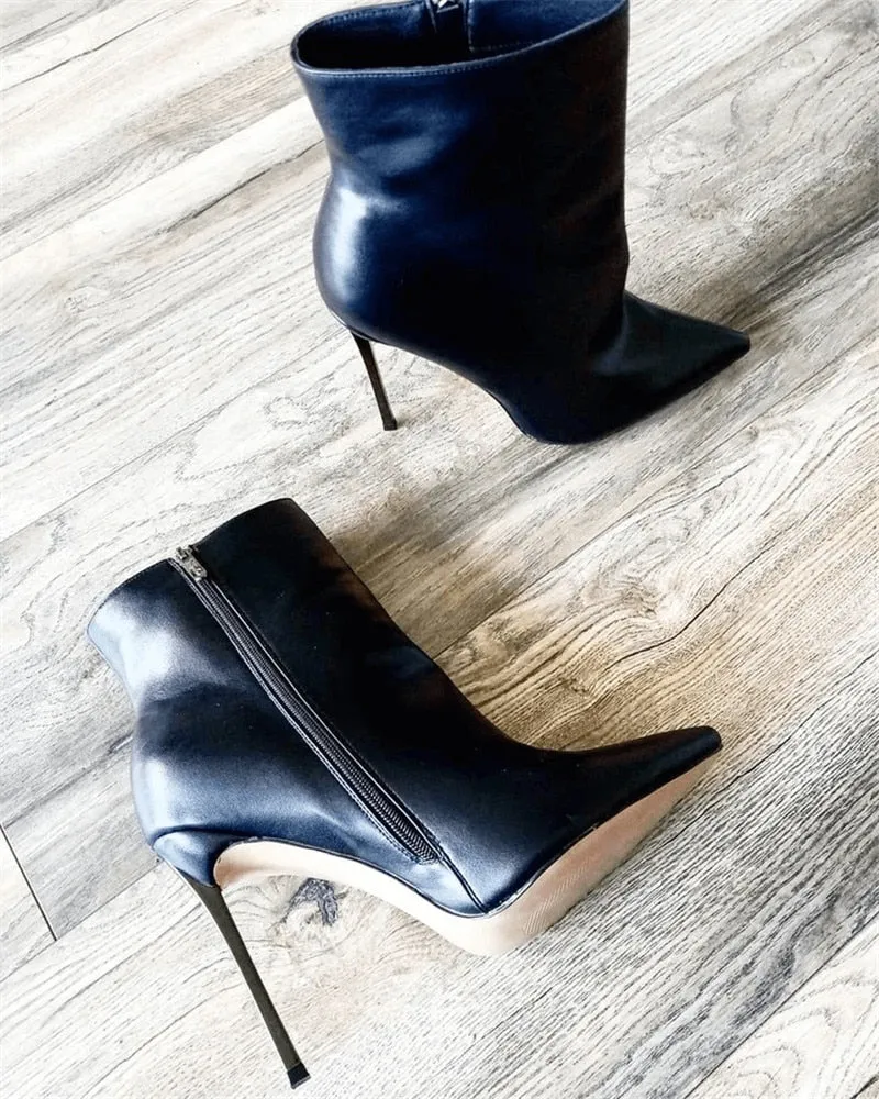 Boots for Women Ankle Boots Pointed Toe Metal Thin High Heel Side Zipper Fashion Black Red Winter Warm Booties