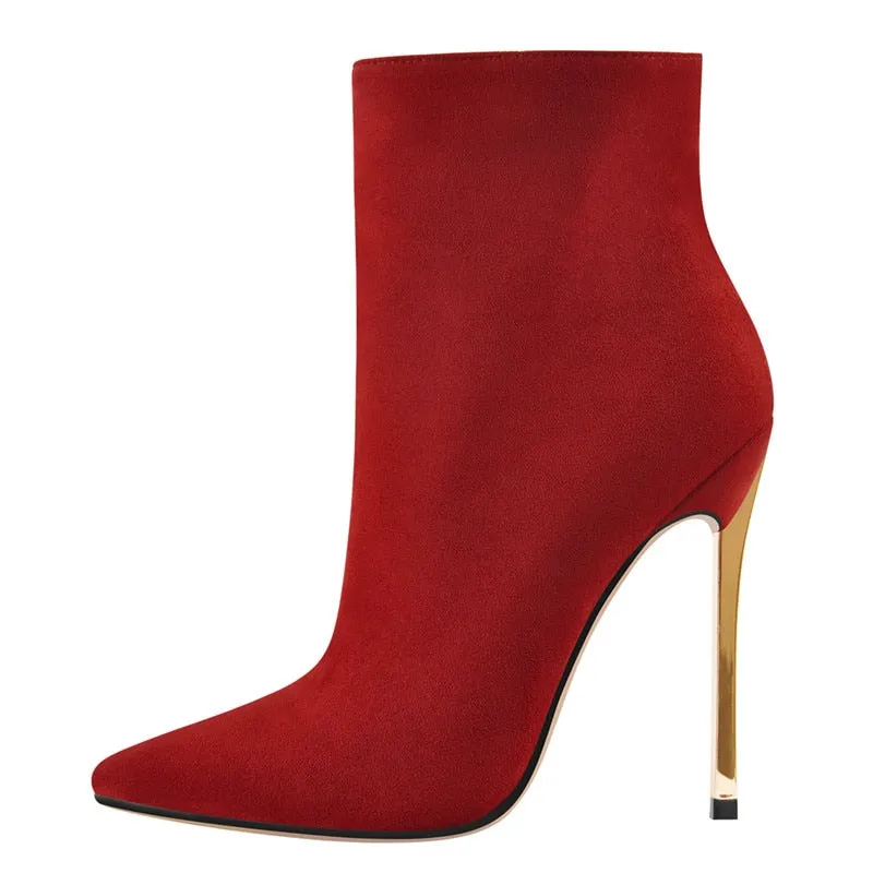 Boots for Women Ankle Boots Pointed Toe Metal Thin High Heel Side Zipper Fashion Black Red Winter Warm Booties
