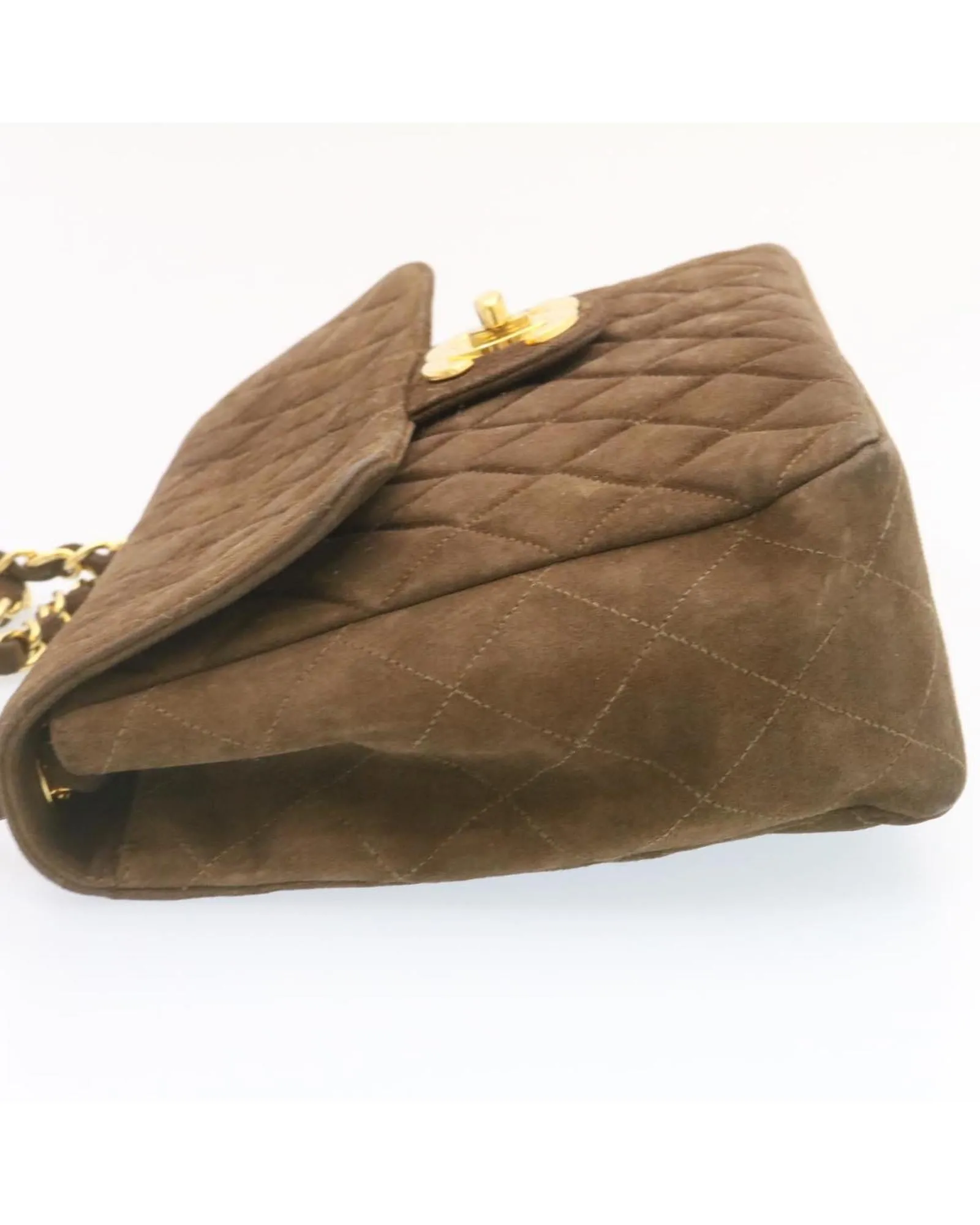 Brown Suede Matelasse Double Chain Shoulder Bag