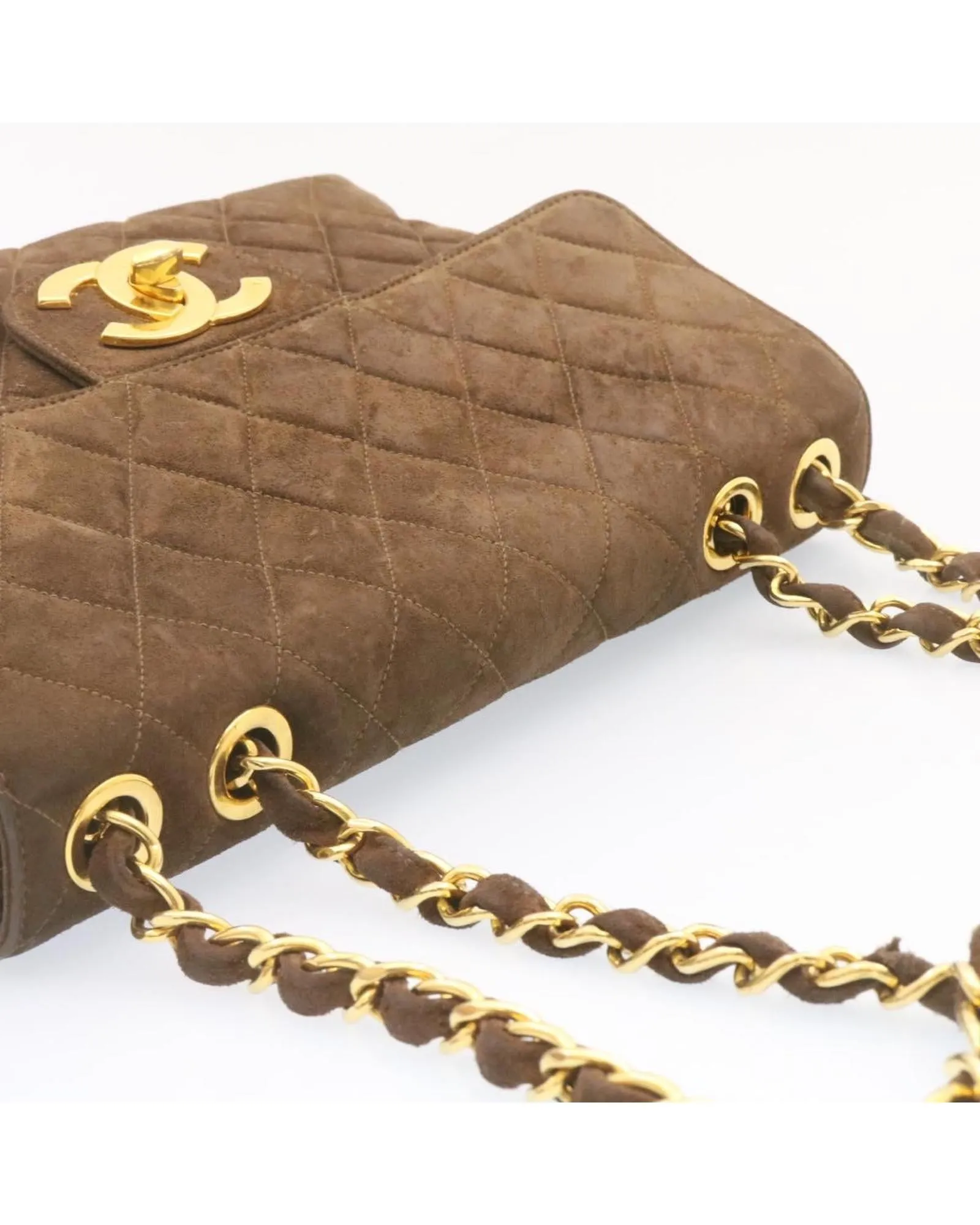 Brown Suede Matelasse Double Chain Shoulder Bag