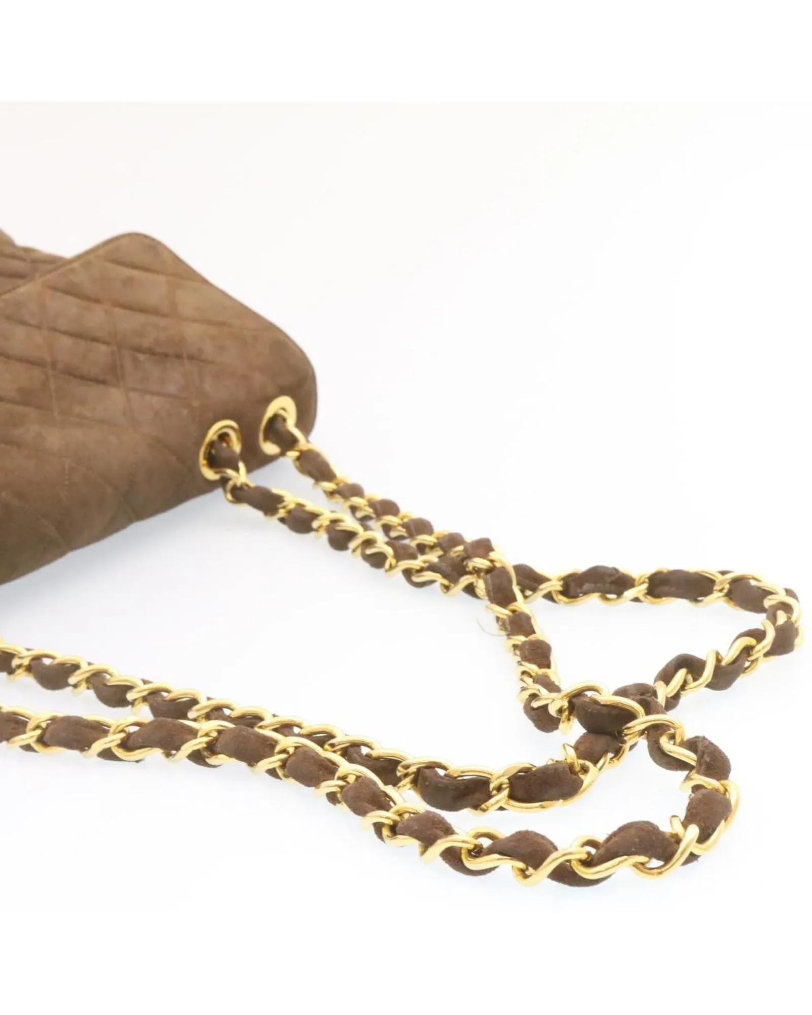 Brown Suede Matelasse Double Chain Shoulder Bag