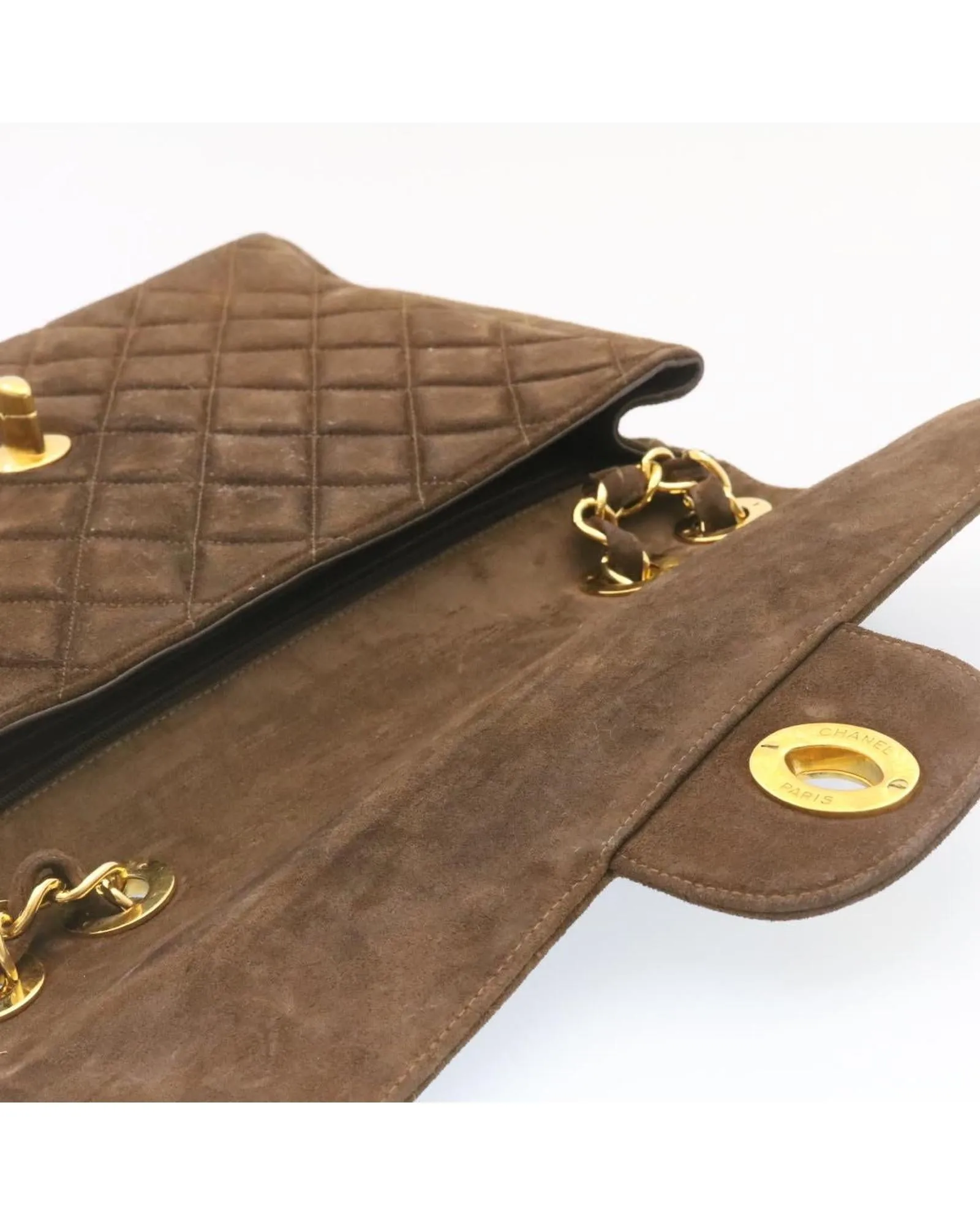 Brown Suede Matelasse Double Chain Shoulder Bag