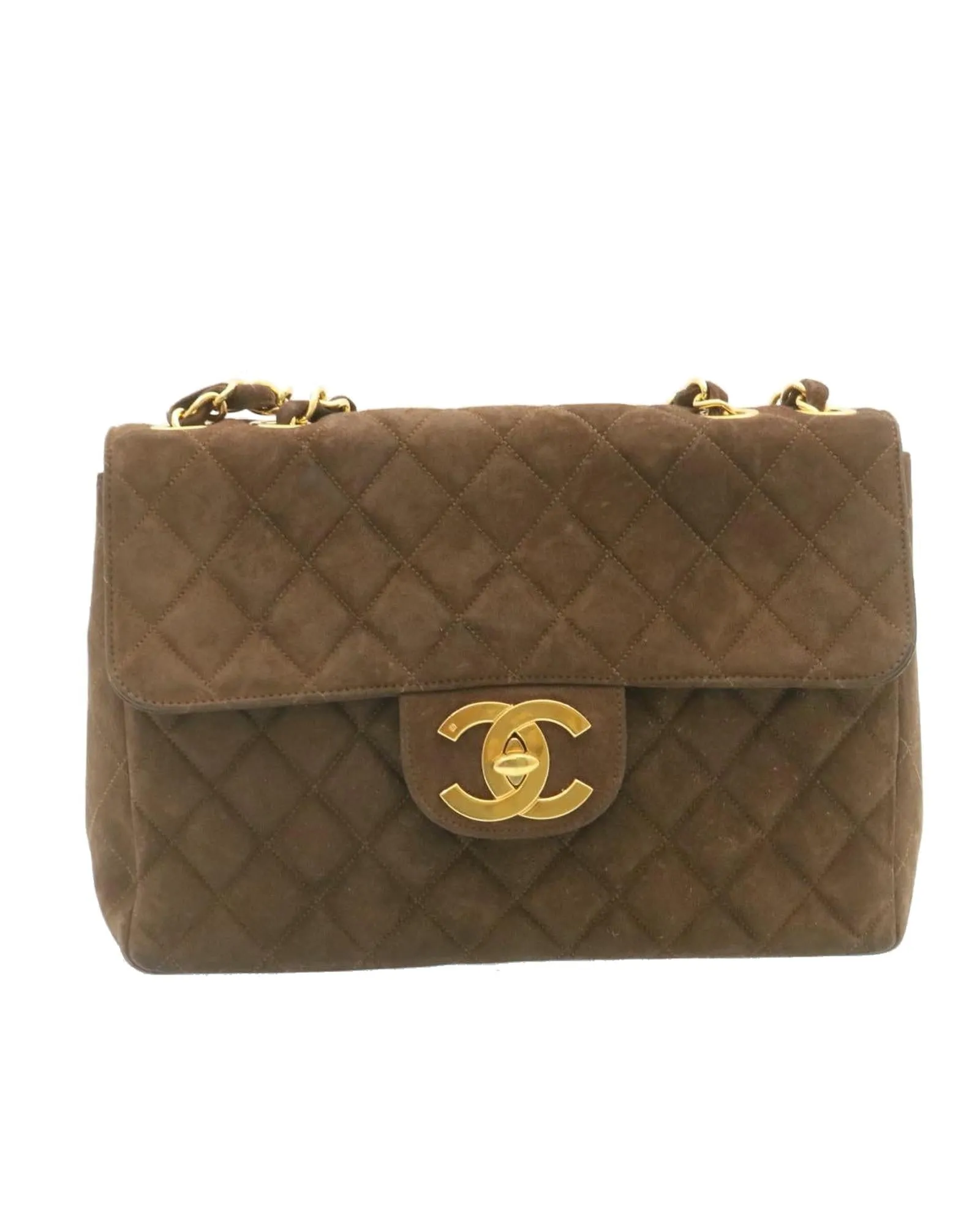 Brown Suede Matelasse Double Chain Shoulder Bag