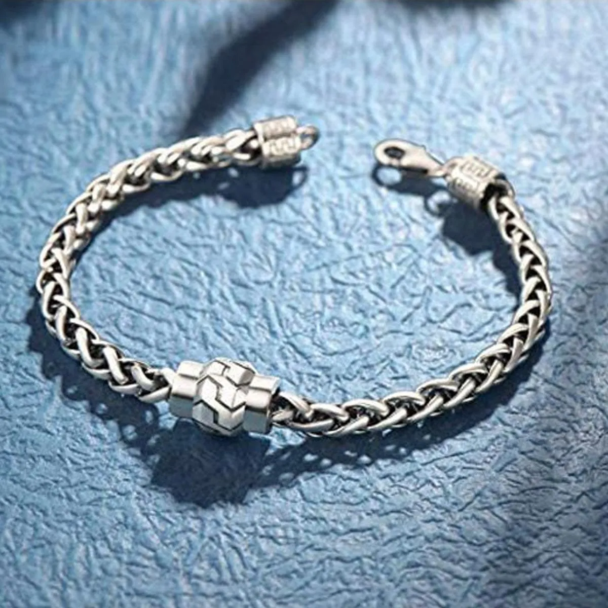 FANCIME Men's Wheat Link Chain Sterling Silver Bracelet