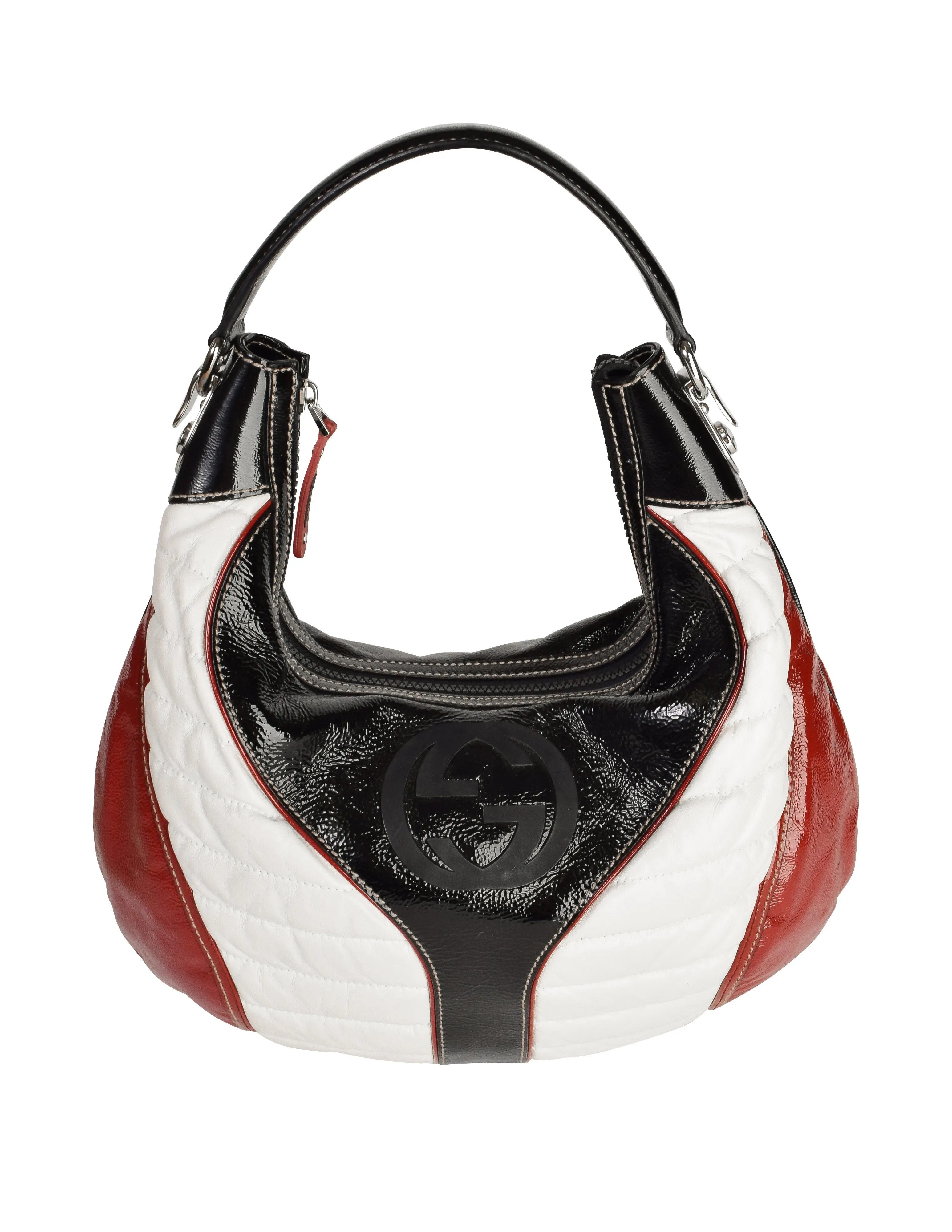 Gucci Vintage Black White Red GG Logo Quilted Snow Glam Hobo Bag
