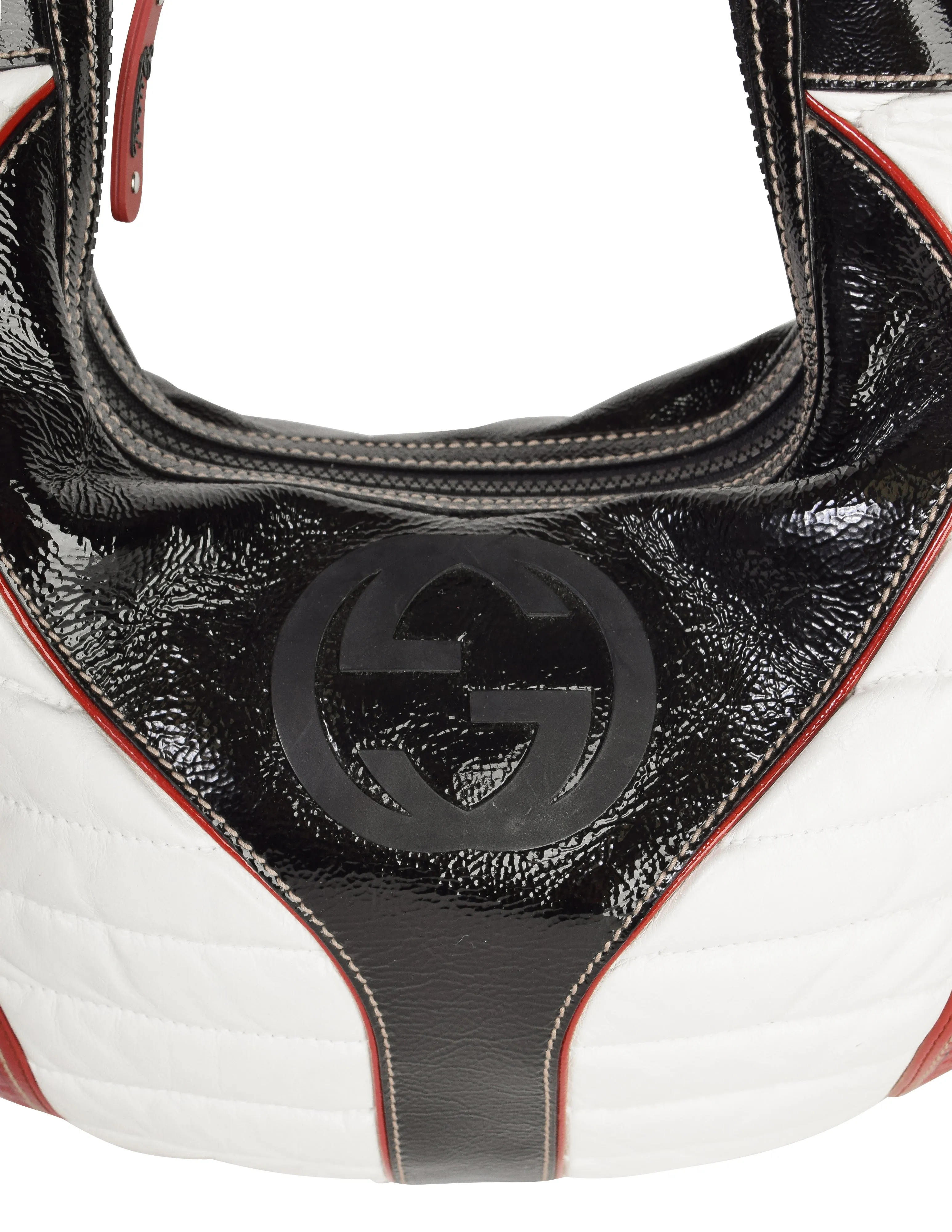 Gucci Vintage Black White Red GG Logo Quilted Snow Glam Hobo Bag
