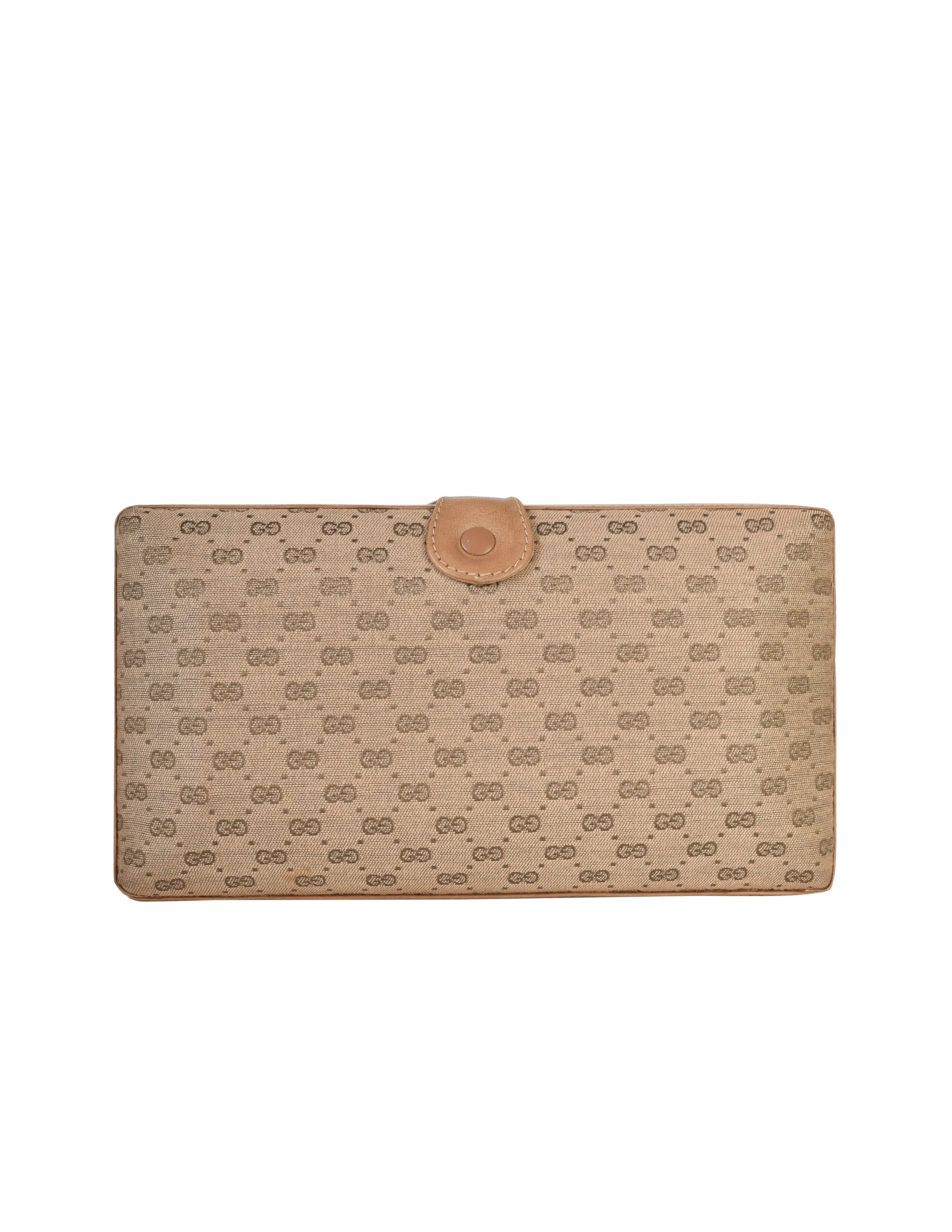 Gucci Vintage Light Brown Micro GG Monogram Canvas and Leather Hard Case Clutch with Crossbody Strap