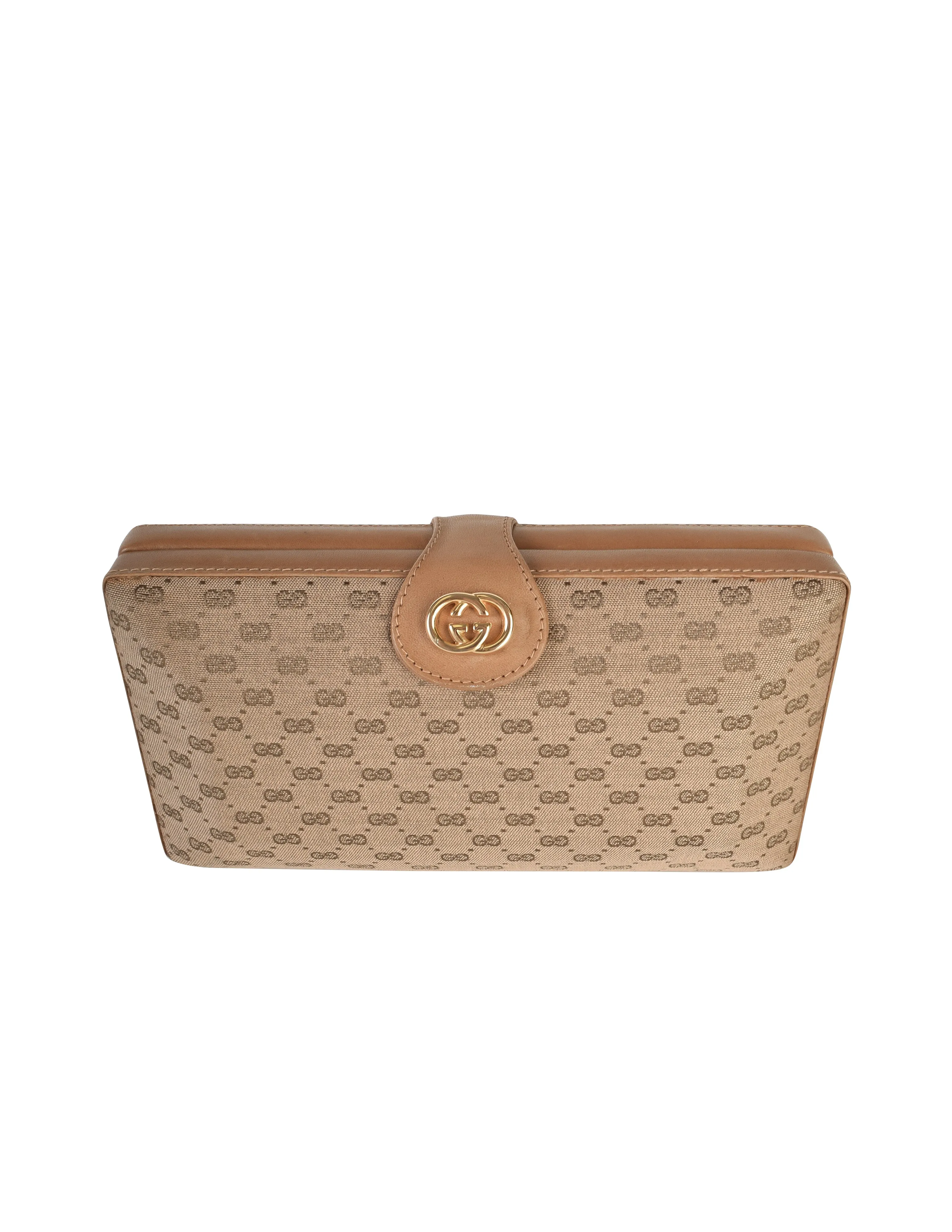 Gucci Vintage Light Brown Micro GG Monogram Canvas and Leather Hard Case Clutch with Crossbody Strap