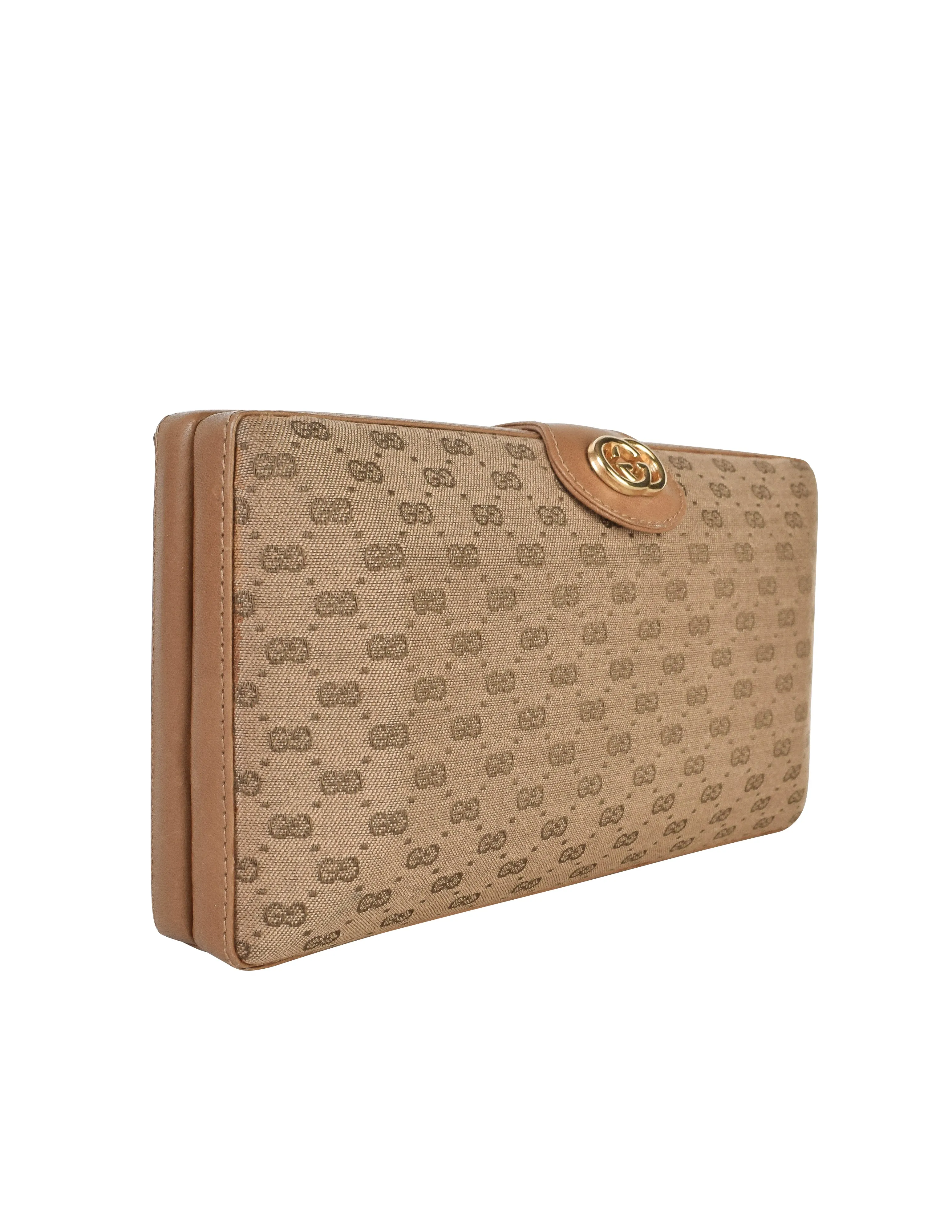 Gucci Vintage Light Brown Micro GG Monogram Canvas and Leather Hard Case Clutch with Crossbody Strap