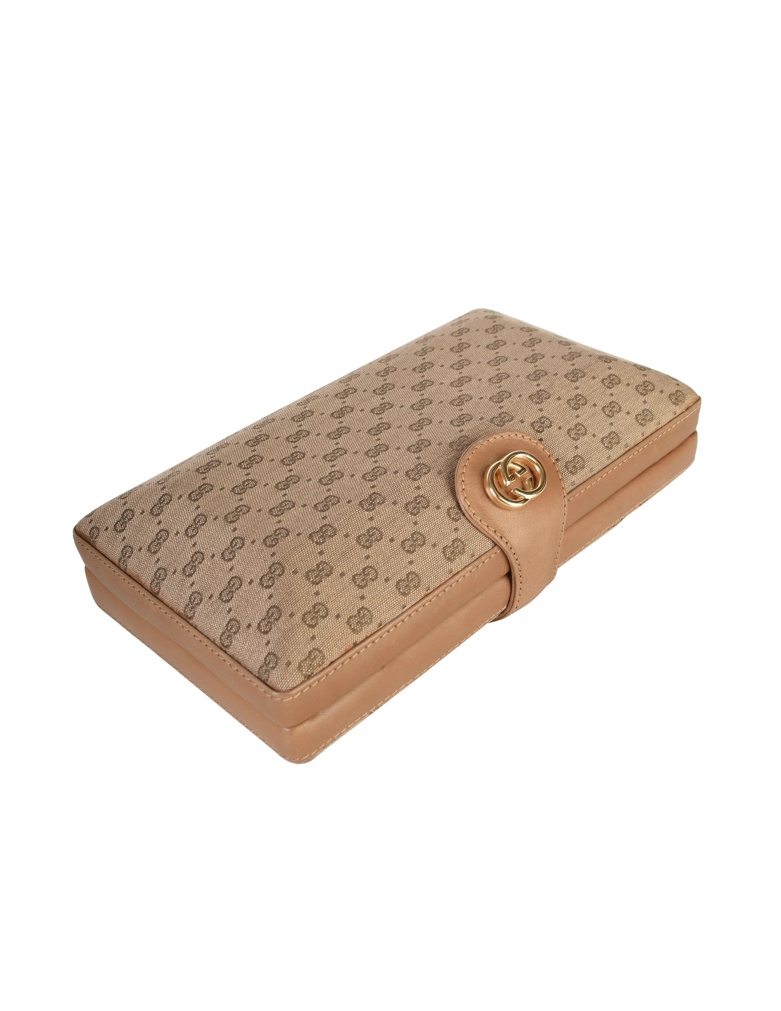 Gucci Vintage Light Brown Micro GG Monogram Canvas and Leather Hard Case Clutch with Crossbody Strap
