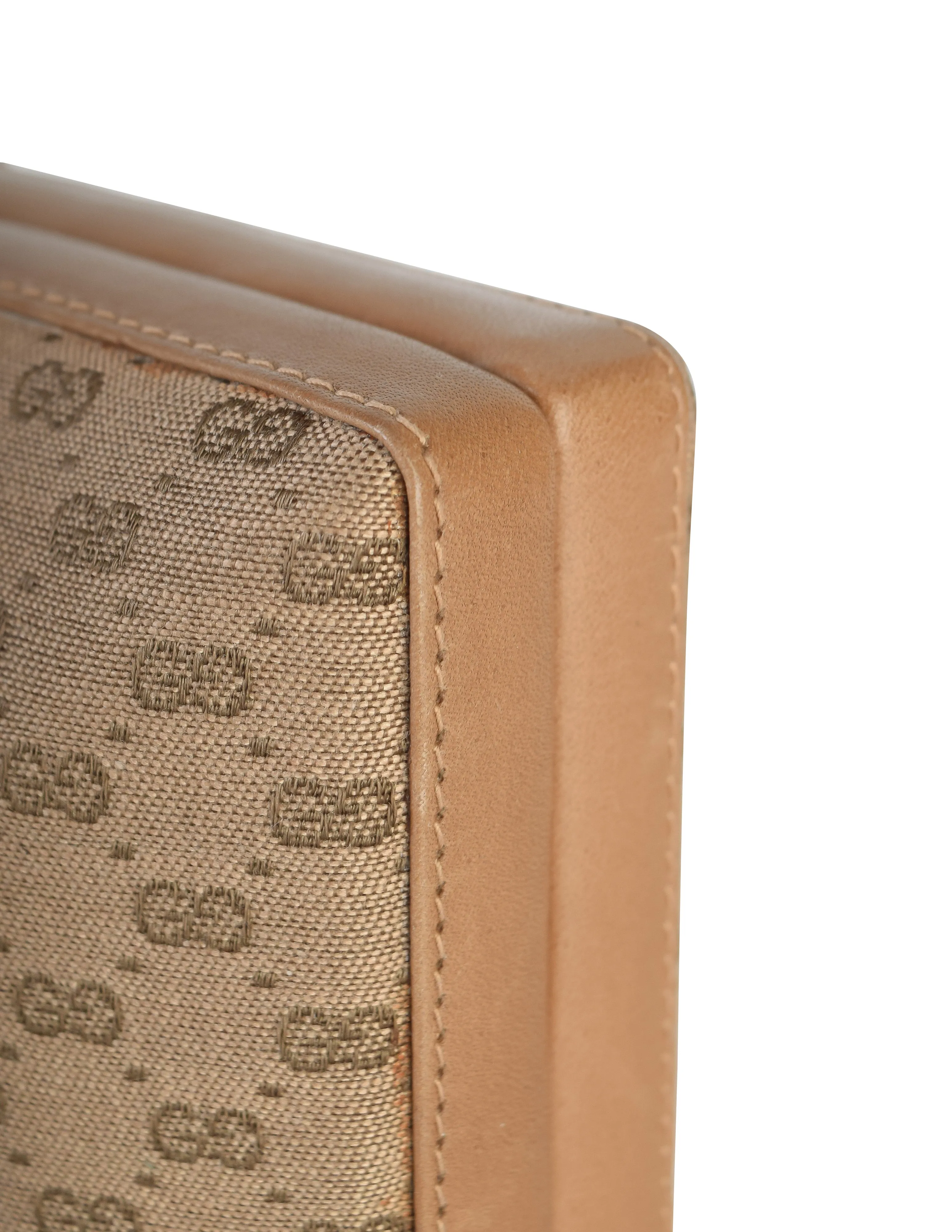 Gucci Vintage Light Brown Micro GG Monogram Canvas and Leather Hard Case Clutch with Crossbody Strap