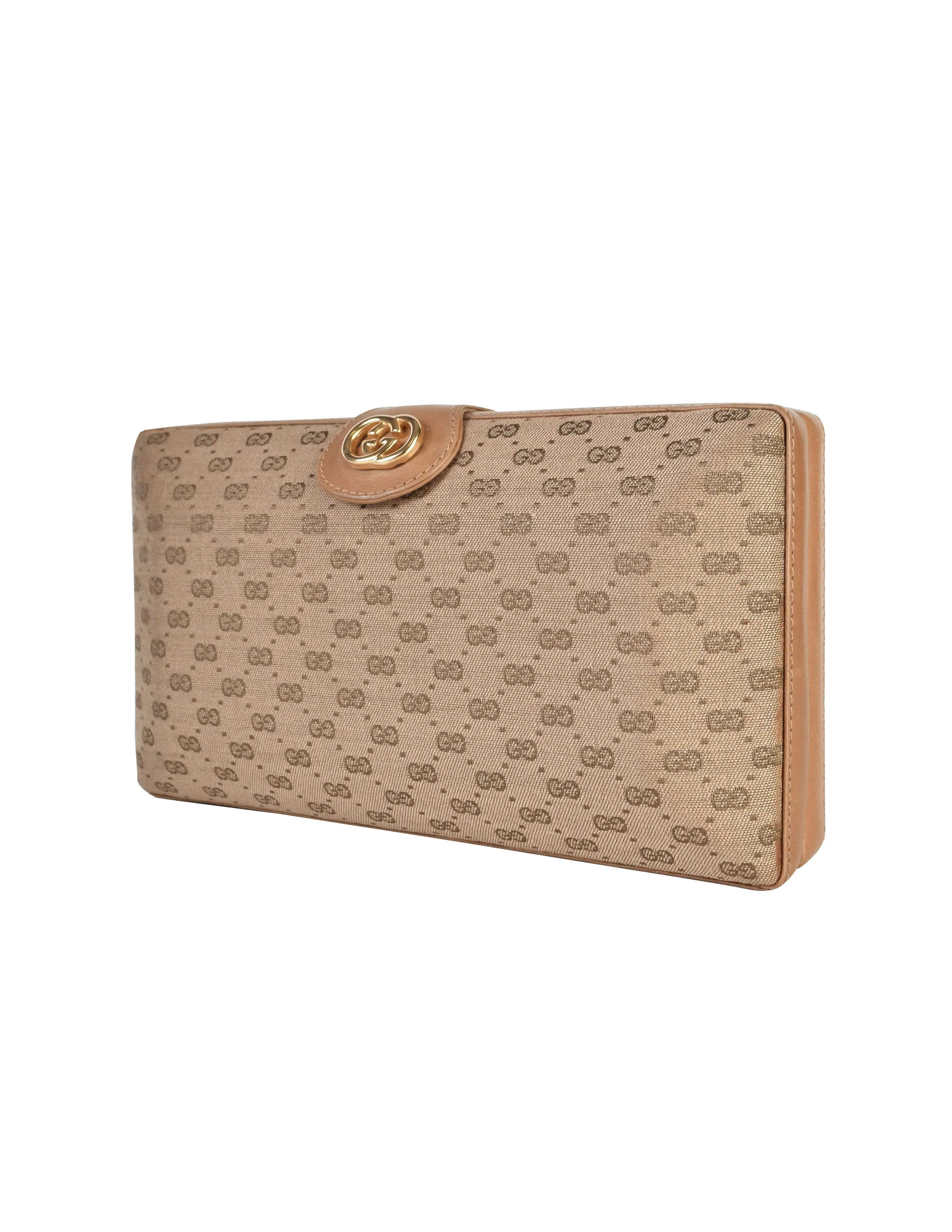 Gucci Vintage Light Brown Micro GG Monogram Canvas and Leather Hard Case Clutch with Crossbody Strap