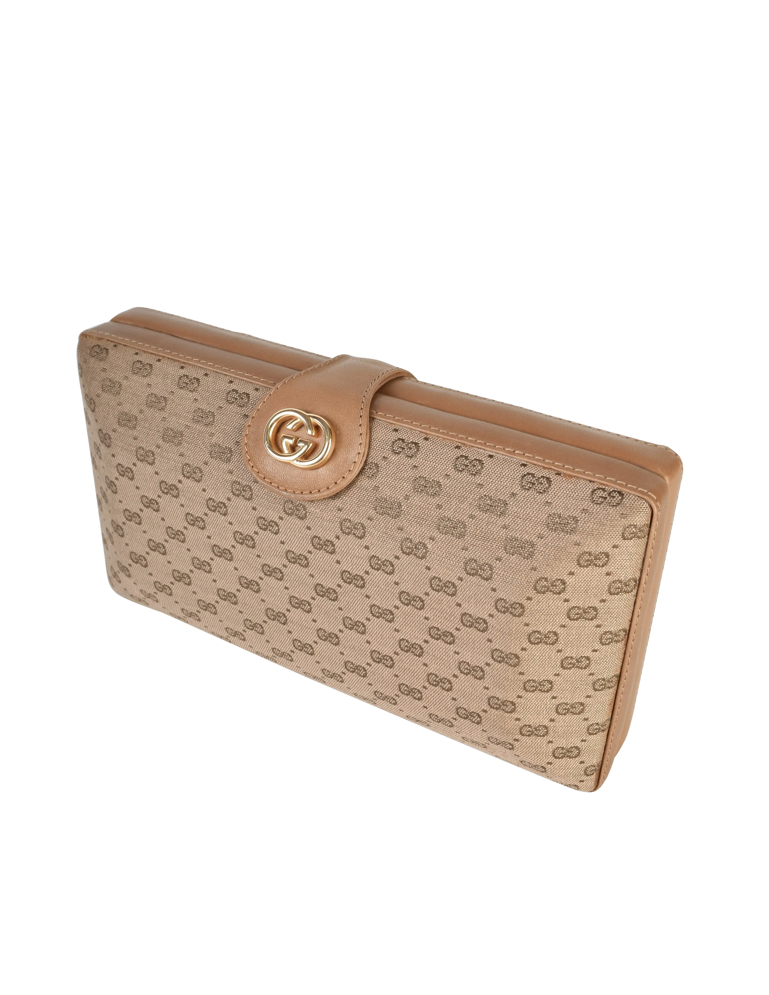 Gucci Vintage Light Brown Micro GG Monogram Canvas and Leather Hard Case Clutch with Crossbody Strap