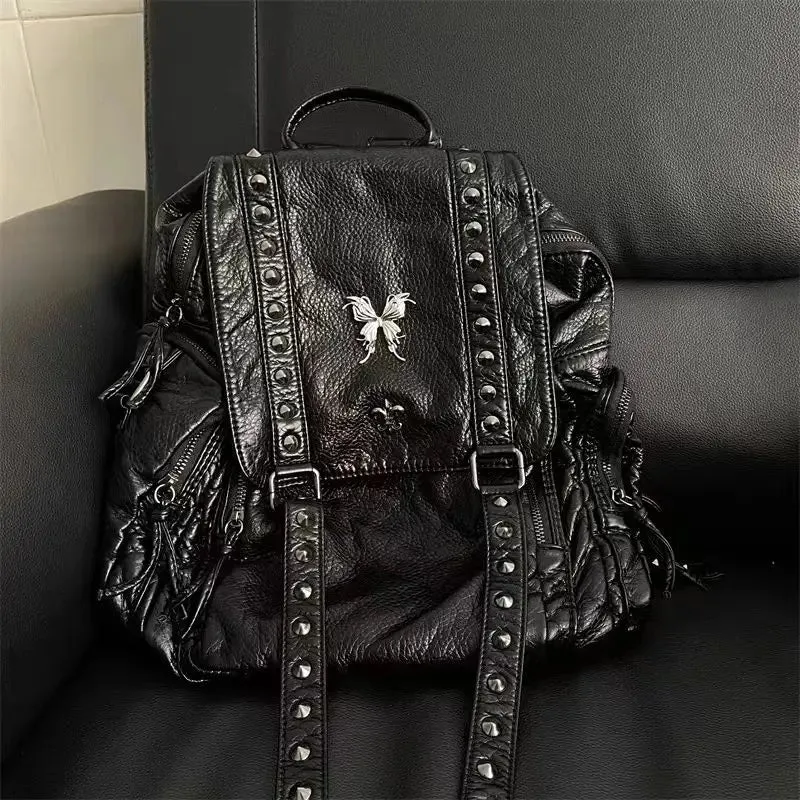 KIylethomasw Vintage Cross Y2k Backpack Women Retro Gothic Pu Leather Casual Black Backpacks Ladies Harajuku Large Capacity Mochila