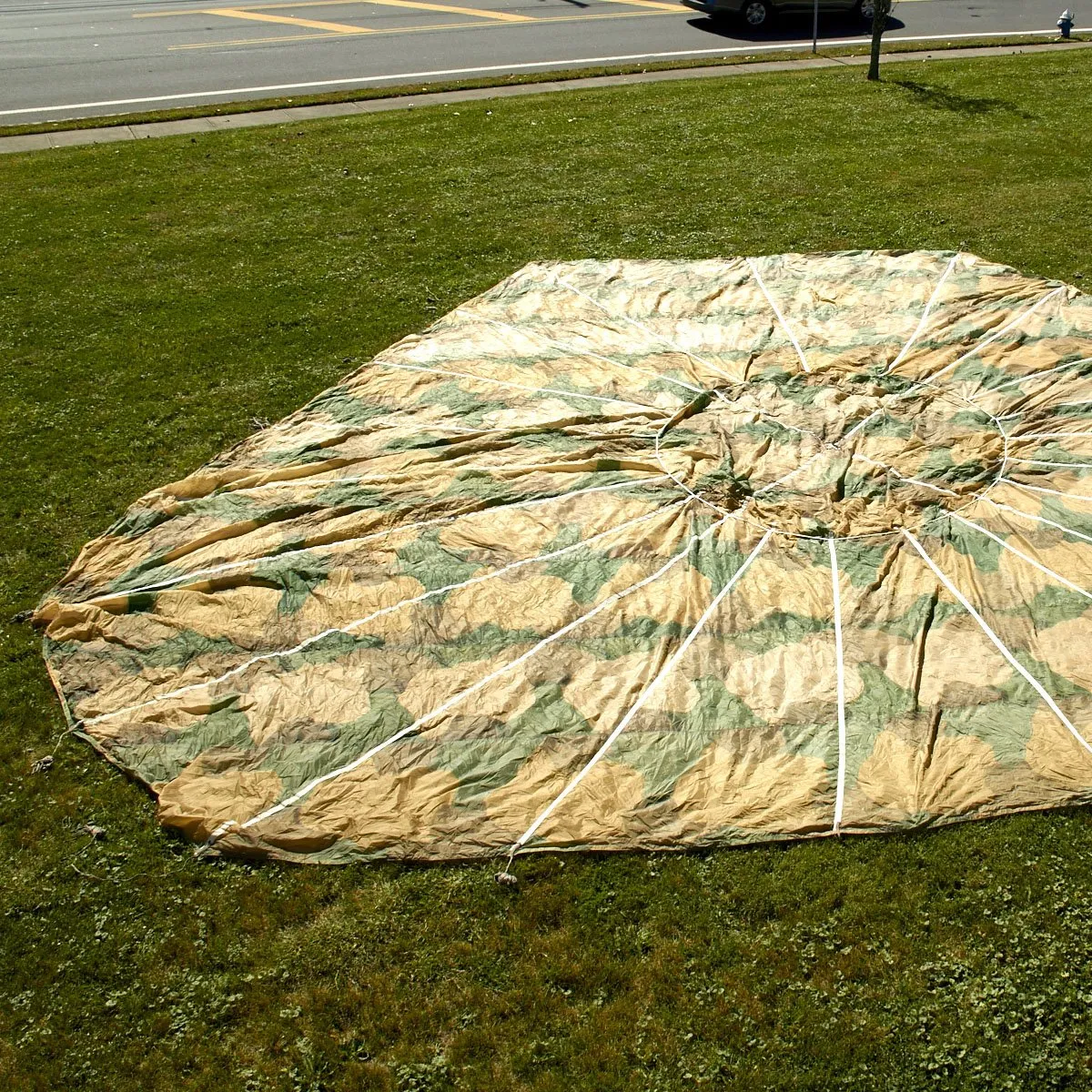 Original German WWII Fallschirmjager Paratrooper RZ36 Delta-Shaped Camouflage Parachute with Bag and Crate