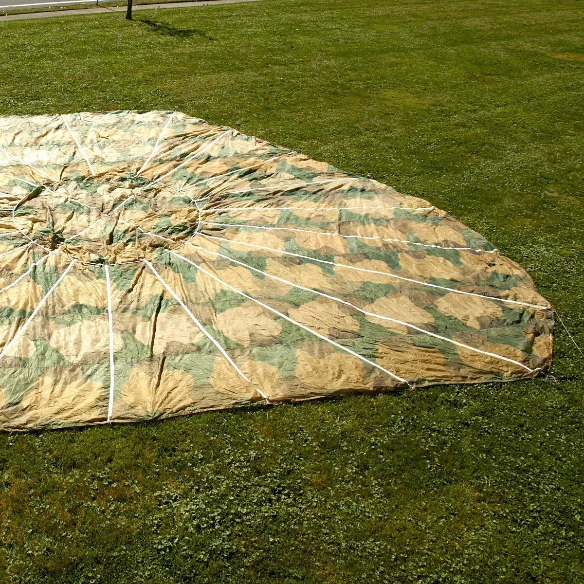 Original German WWII Fallschirmjager Paratrooper RZ36 Delta-Shaped Camouflage Parachute with Bag and Crate