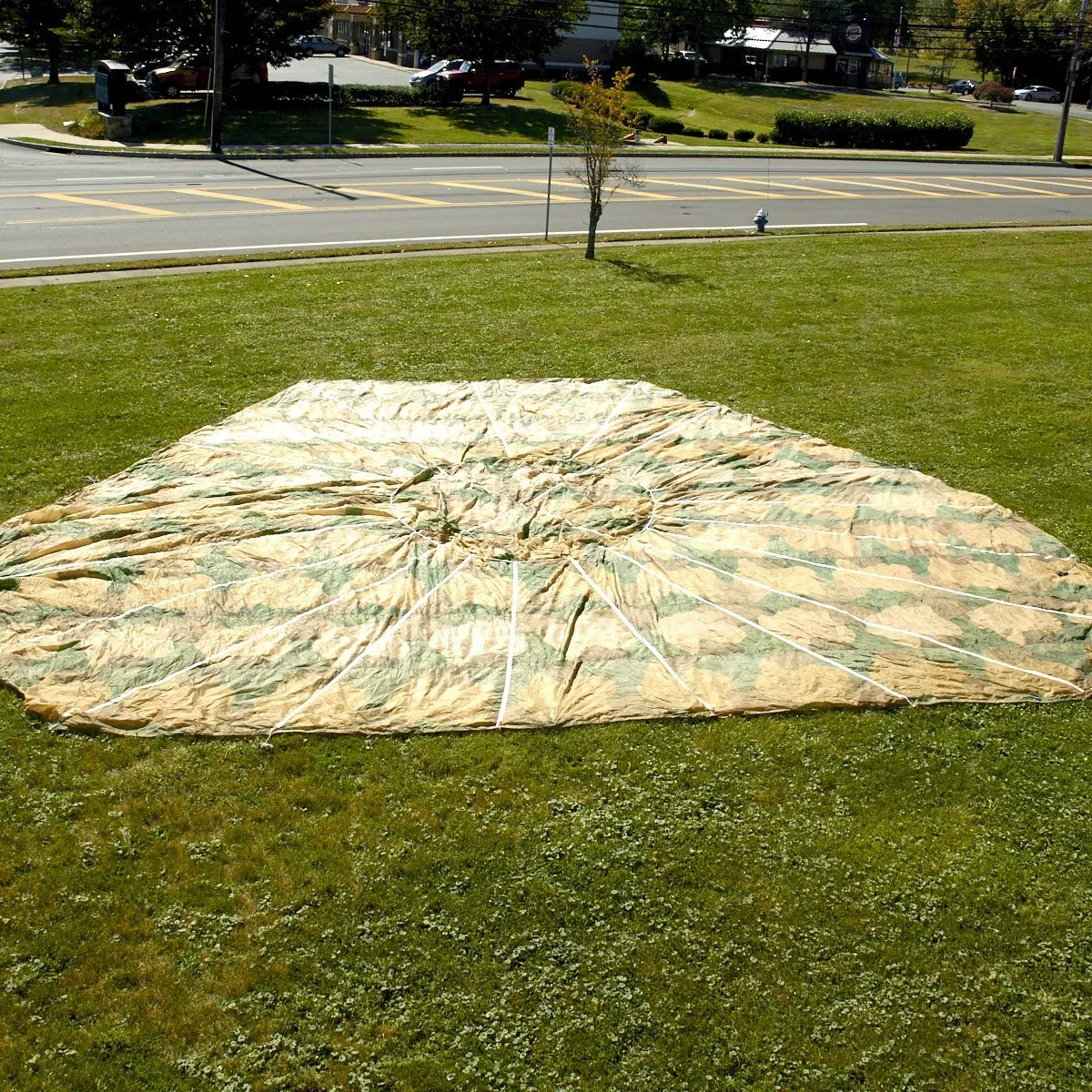 Original German WWII Fallschirmjager Paratrooper RZ36 Delta-Shaped Camouflage Parachute with Bag and Crate