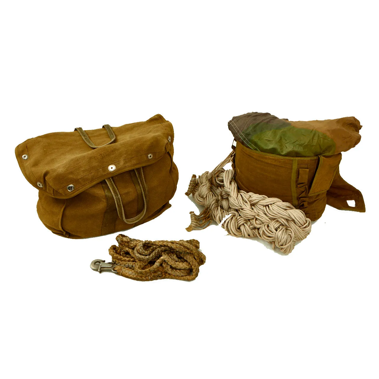 Original German WWII Fallschirmjager Paratrooper RZ36 Delta-Shaped Camouflage Parachute with Bag, harnesses and more - (1) Canopy In Bag, (1) Transit Bag, (2) Harnesses, (3) Extra Bags