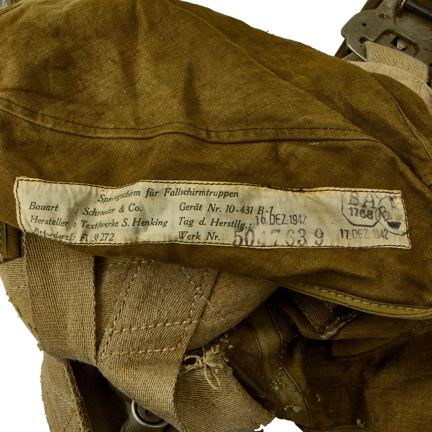 Original German WWII Fallschirmjager Paratrooper RZ36 Delta-Shaped Camouflage Parachute with Bag, harnesses and more - (1) Canopy In Bag, (1) Transit Bag, (2) Harnesses, (3) Extra Bags
