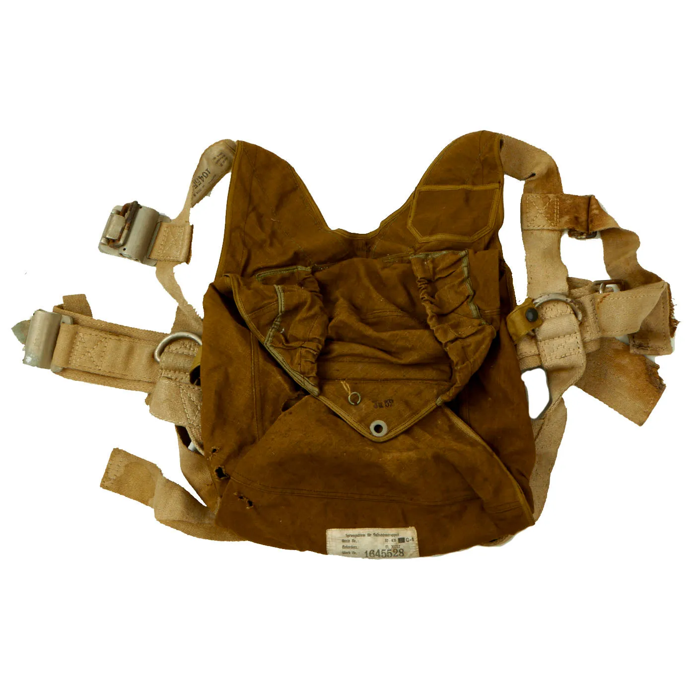 Original German WWII Fallschirmjager Paratrooper RZ36 Delta-Shaped Camouflage Parachute with Bag, harnesses and more - (1) Canopy In Bag, (1) Transit Bag, (2) Harnesses, (3) Extra Bags