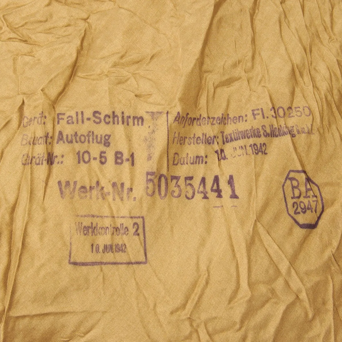 Original German WWII Luftwaffe Camouflage Fallschirmjager Paratrooper Complete RZ20 Parachute in Bring Home Box with Certificate - Dated 1942
