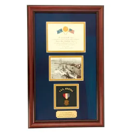Original U.S. WWI Era U.S.S. Arizona Framed Launch Ceremony Invitation With Launch Medal Constructed of Recycled USS Maine Gun Barrel Metal - 26” x 16”