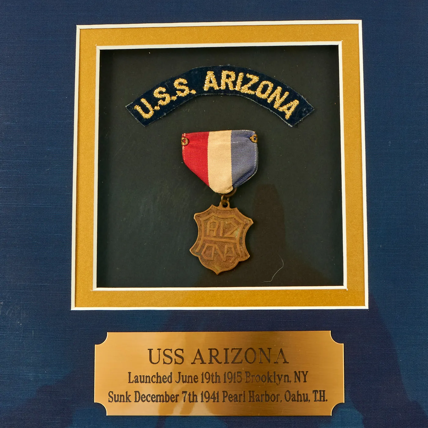 Original U.S. WWI Era U.S.S. Arizona Framed Launch Ceremony Invitation With Launch Medal Constructed of Recycled USS Maine Gun Barrel Metal - 26” x 16”