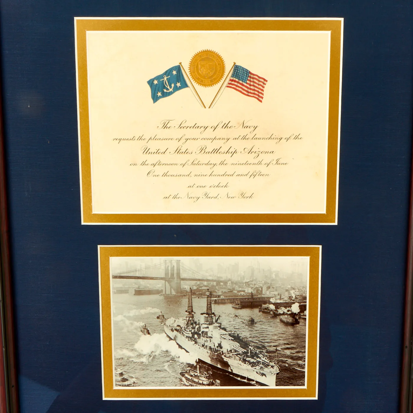 Original U.S. WWI Era U.S.S. Arizona Framed Launch Ceremony Invitation With Launch Medal Constructed of Recycled USS Maine Gun Barrel Metal - 26” x 16”