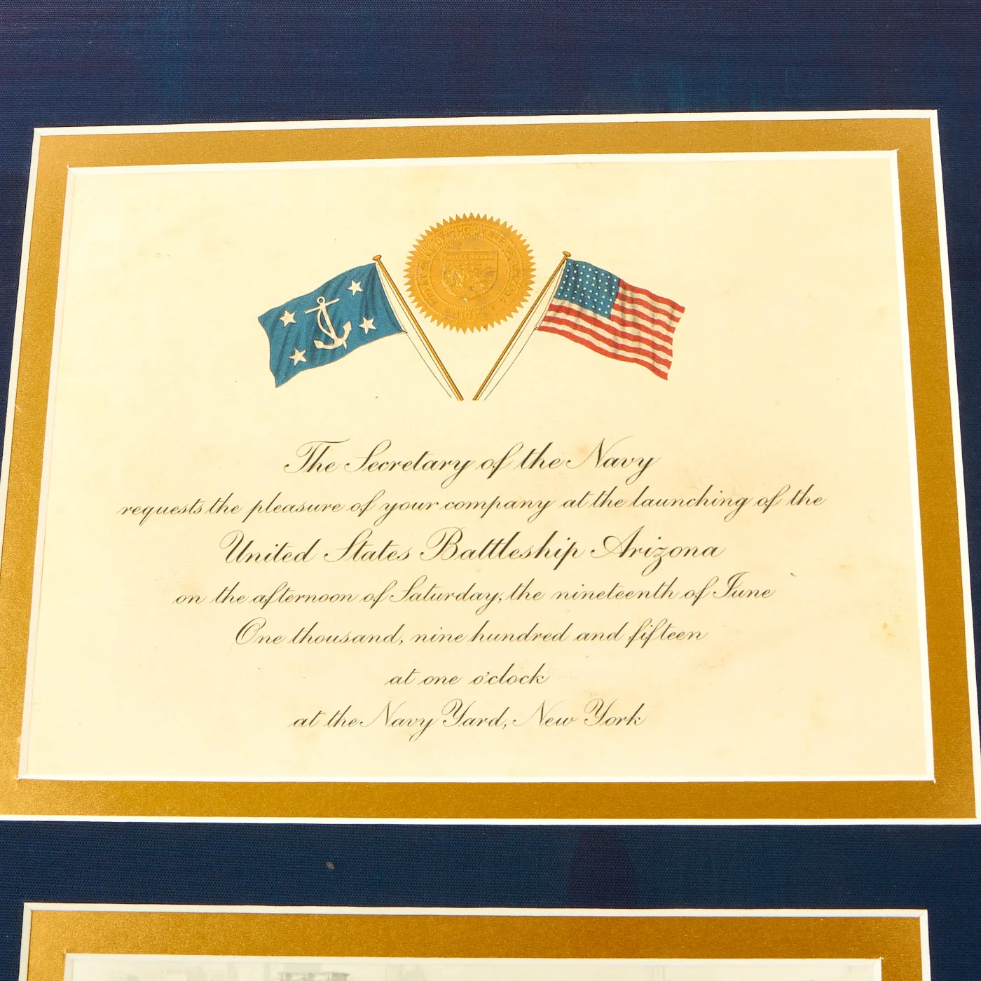 Original U.S. WWI Era U.S.S. Arizona Framed Launch Ceremony Invitation With Launch Medal Constructed of Recycled USS Maine Gun Barrel Metal - 26” x 16”