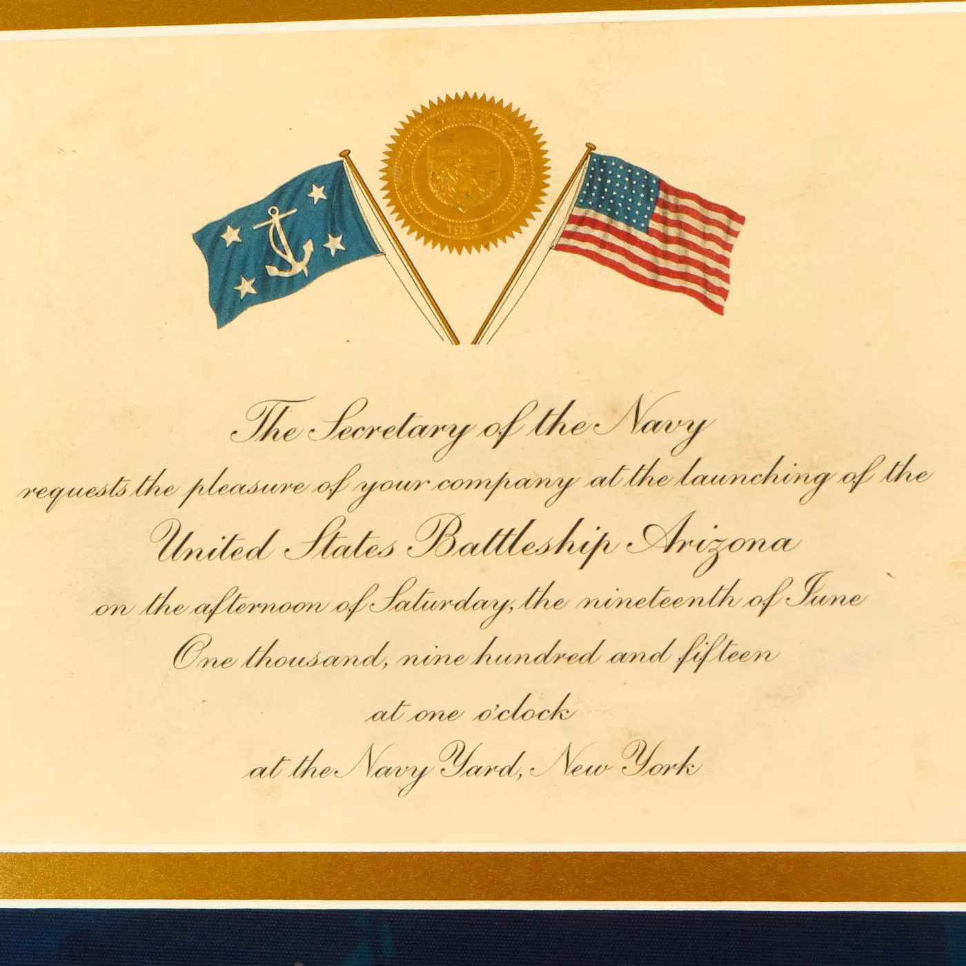 Original U.S. WWI Era U.S.S. Arizona Framed Launch Ceremony Invitation With Launch Medal Constructed of Recycled USS Maine Gun Barrel Metal - 26” x 16”