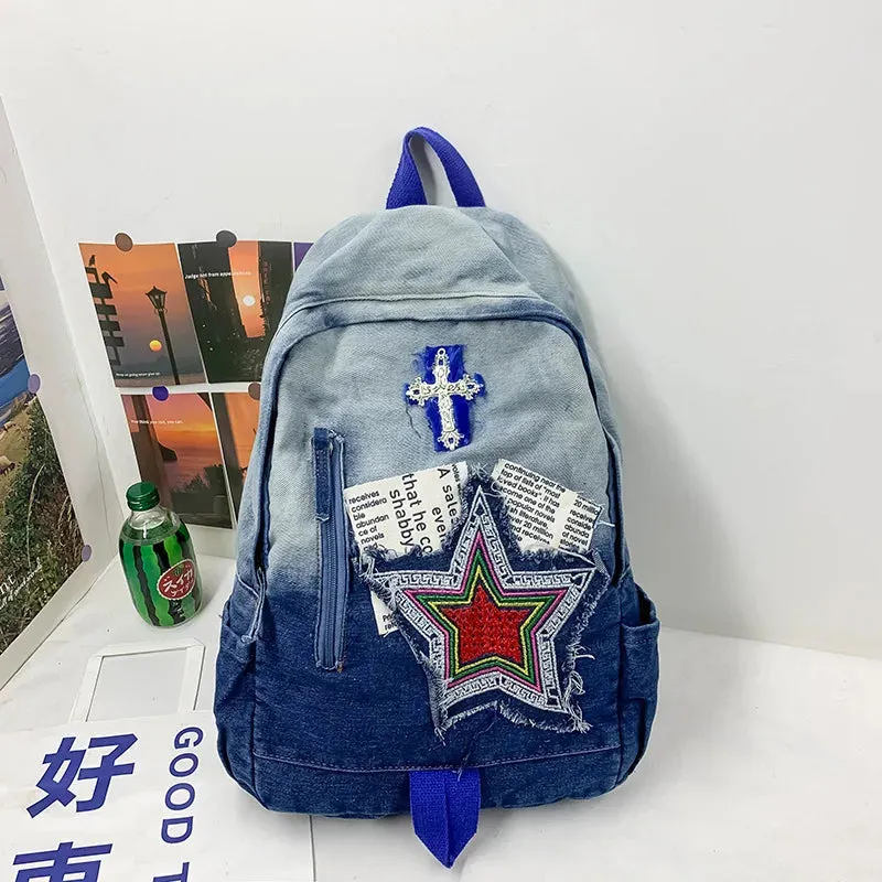 Sohiwoo Y2K Korean Goth Backpack For Women Stars Collage Denim Shoulder Punk Bag Large Capacity School Backpack Travel Mochila Femenina