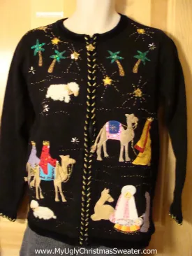 Tacky Amazing Religious Themed Ugly Christmas Sweater with Jesus, Mary, Joseph, and Wise Men (f683)