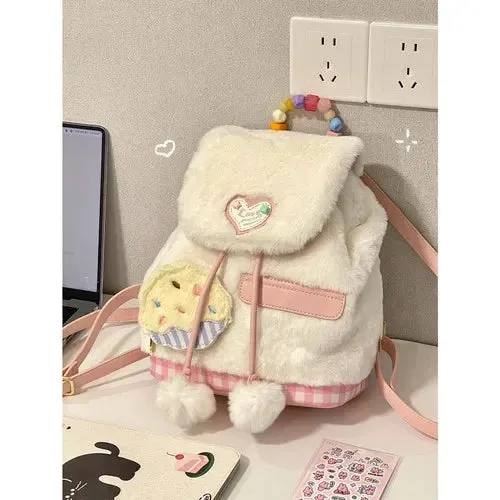 TAVIMART  -  New Sweet Girls Fluffy Backpack Fashion Kawaii Women All Match Schoolbags Casual Students Faux Fur Backpacks Y2k Aesthetic