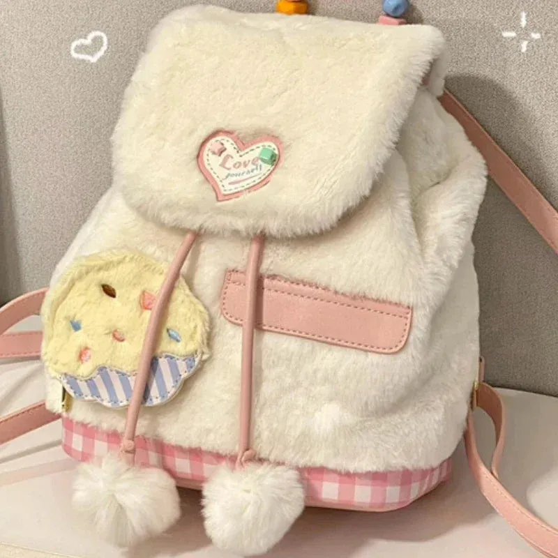 TAVIMART  -  New Sweet Girls Fluffy Backpack Fashion Kawaii Women All Match Schoolbags Casual Students Faux Fur Backpacks Y2k Aesthetic