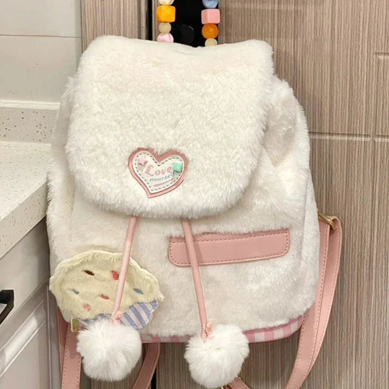 TAVIMART  -  New Sweet Girls Fluffy Backpack Fashion Kawaii Women All Match Schoolbags Casual Students Faux Fur Backpacks Y2k Aesthetic
