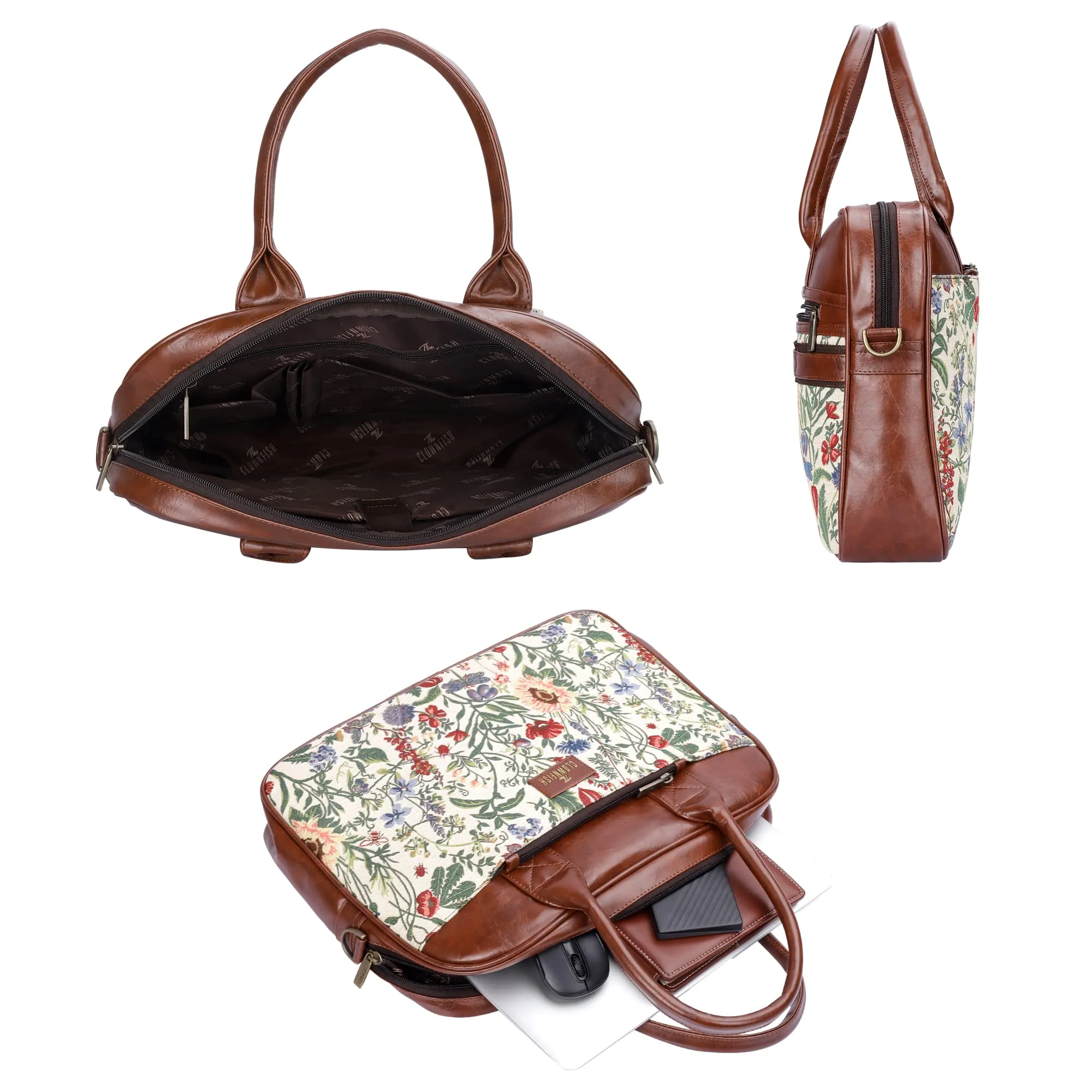 THE CLOWNFISH Deborah series 15.6 inch Laptop Bag For Women Tapestry Fabric & Faux Leather Office Bag Briefcase Messenger Sling Handbag Business Bag (Flax)