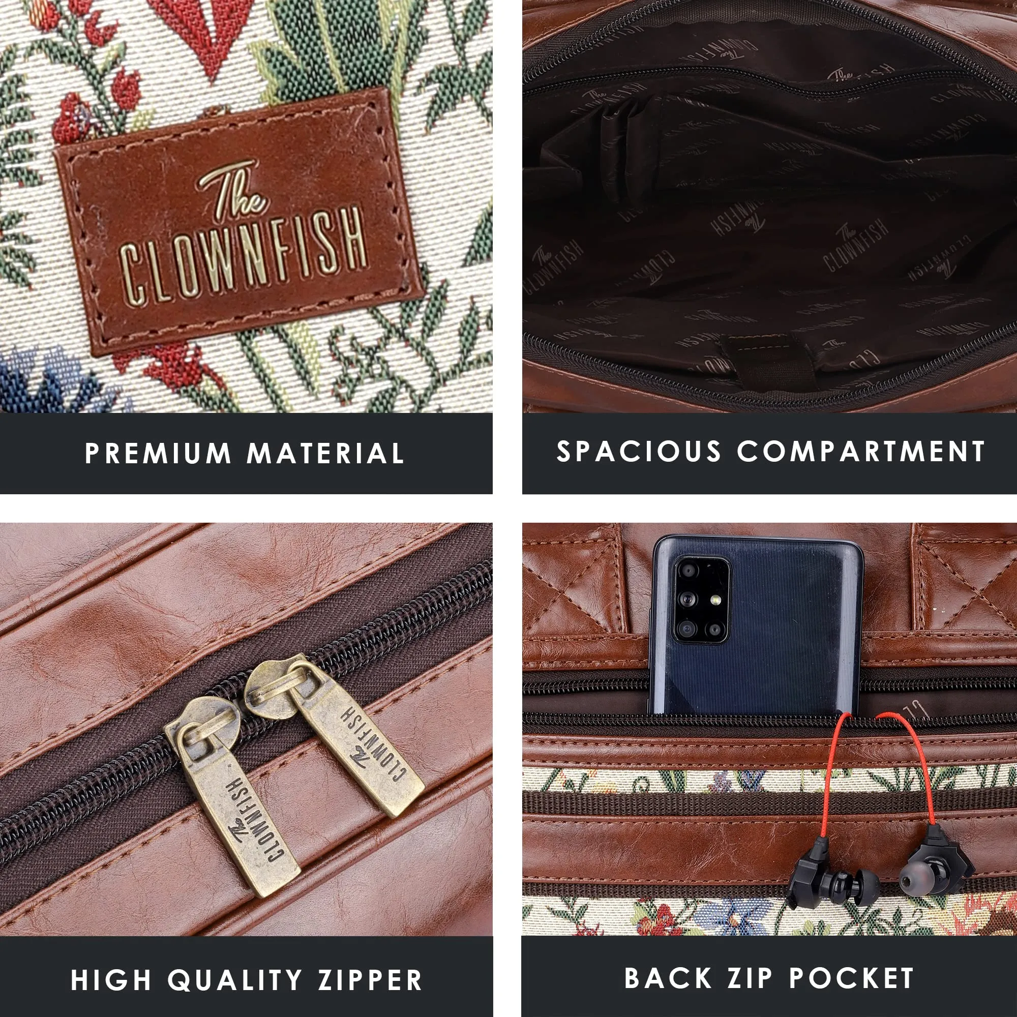 THE CLOWNFISH Deborah series 15.6 inch Laptop Bag For Women Tapestry Fabric & Faux Leather Office Bag Briefcase Messenger Sling Handbag Business Bag (Flax)