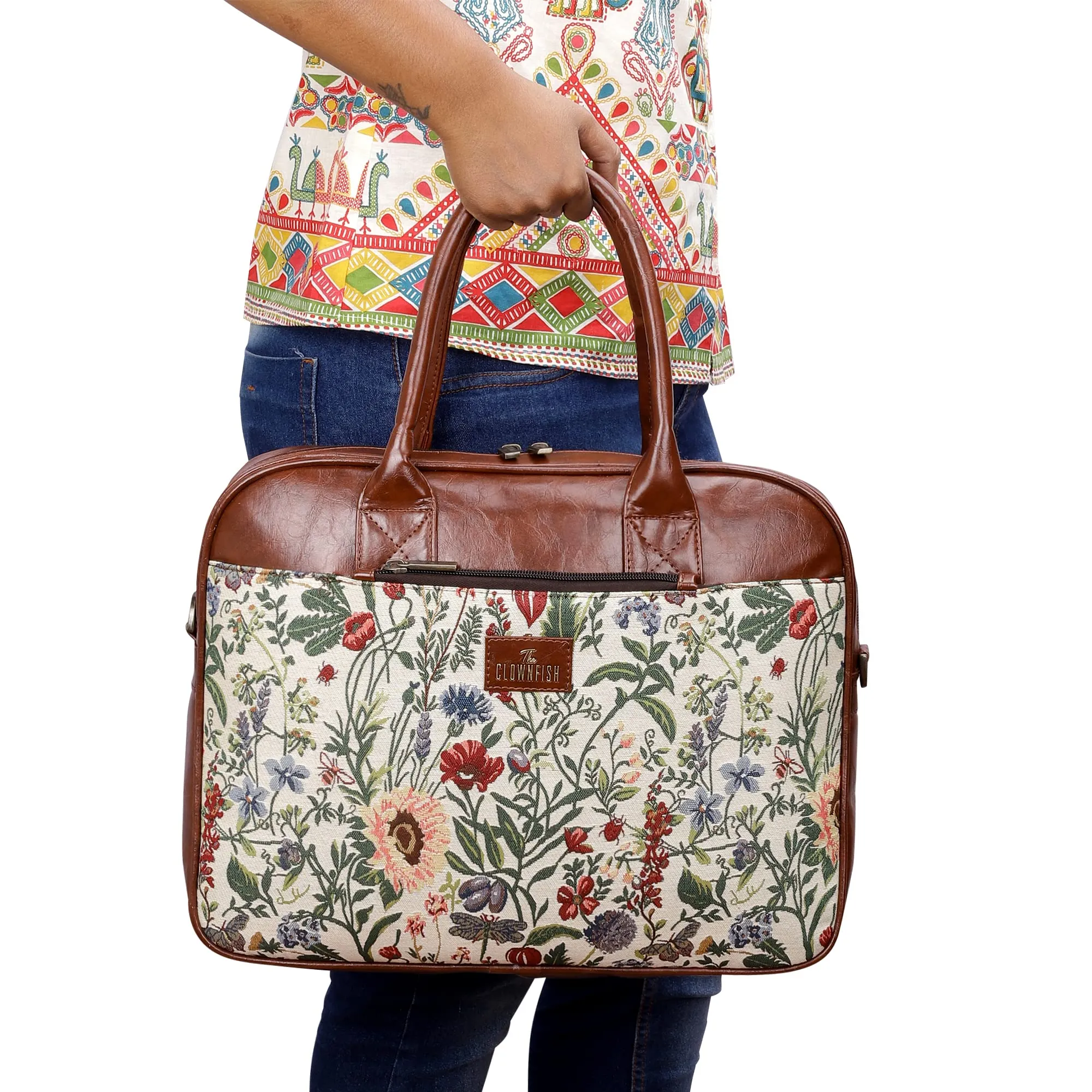 THE CLOWNFISH Deborah series 15.6 inch Laptop Bag For Women Tapestry Fabric & Faux Leather Office Bag Briefcase Messenger Sling Handbag Business Bag (Flax)