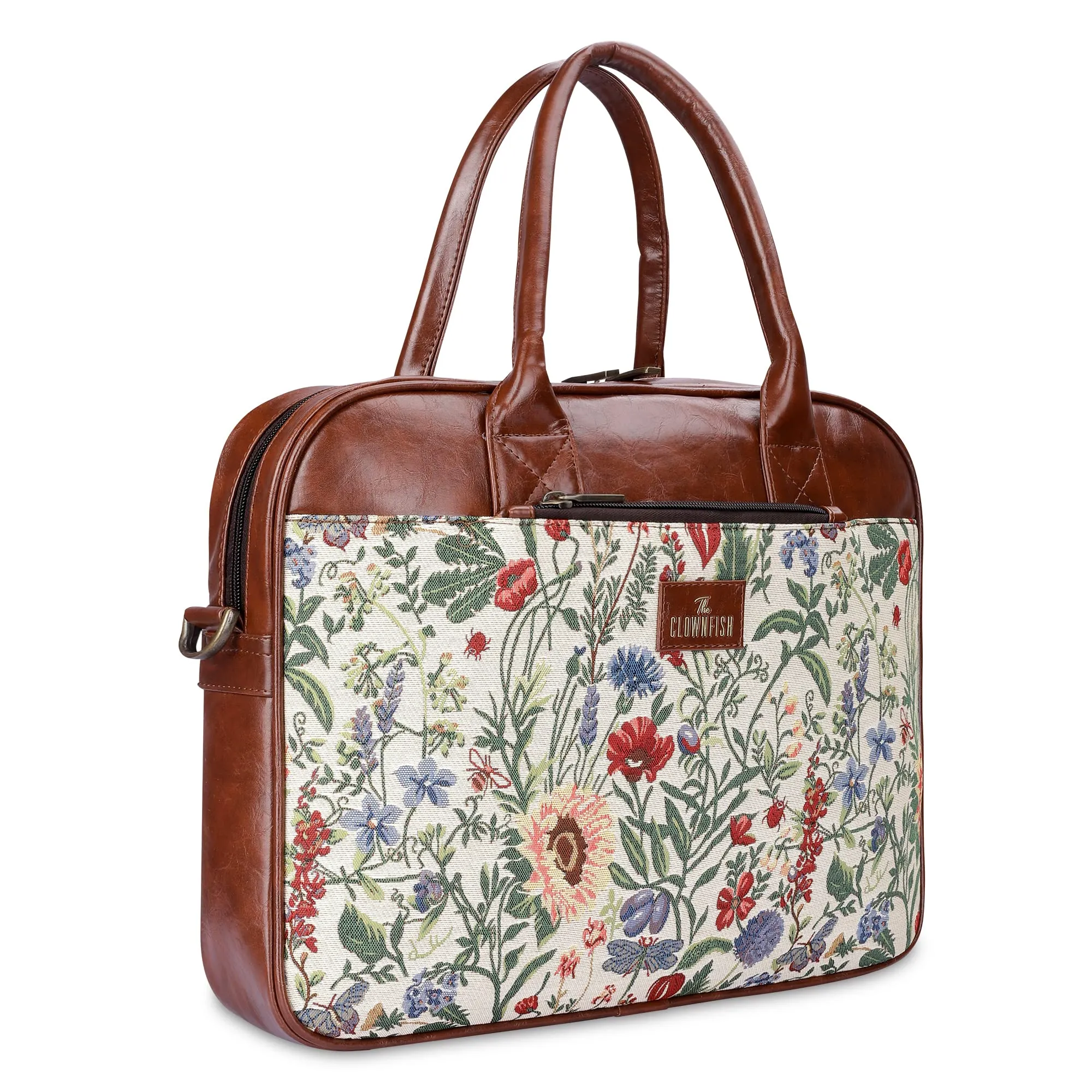 THE CLOWNFISH Deborah series 15.6 inch Laptop Bag For Women Tapestry Fabric & Faux Leather Office Bag Briefcase Messenger Sling Handbag Business Bag (Flax)