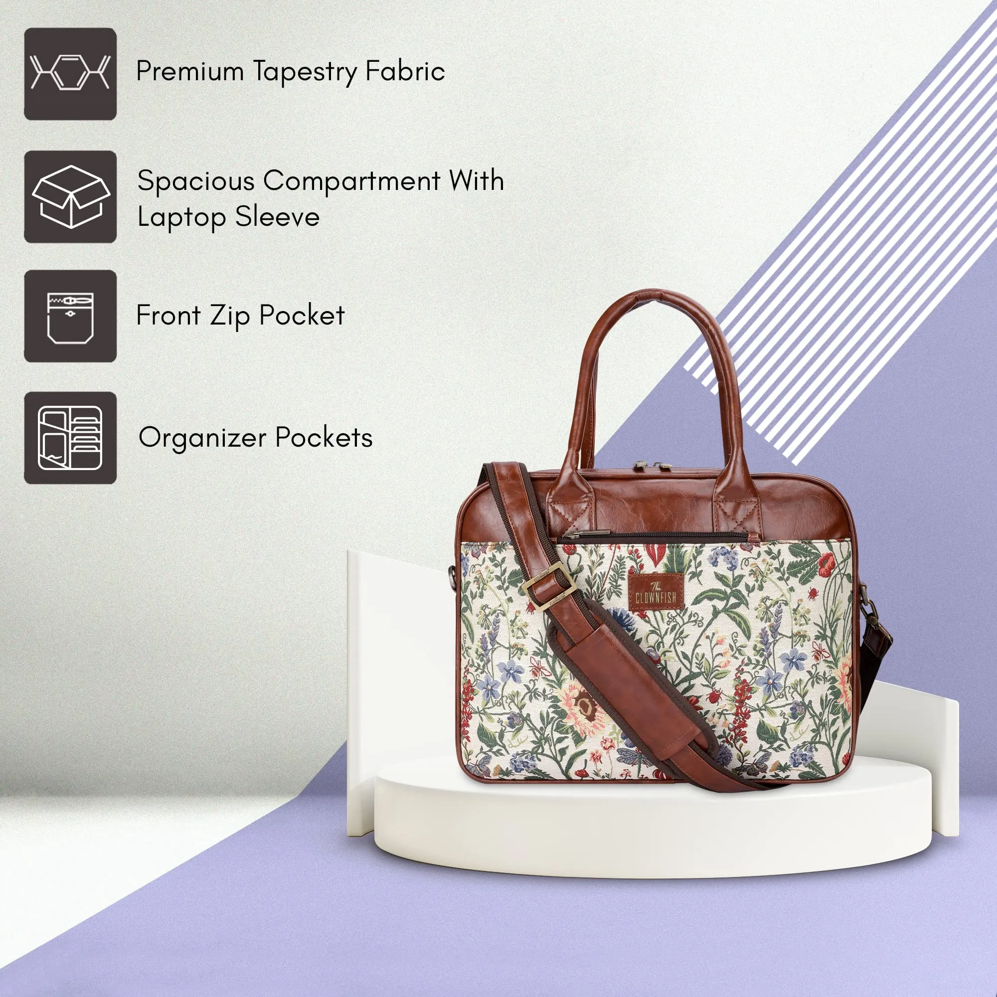 THE CLOWNFISH Deborah series 15.6 inch Laptop Bag For Women Tapestry Fabric & Faux Leather Office Bag Briefcase Messenger Sling Handbag Business Bag (Flax)